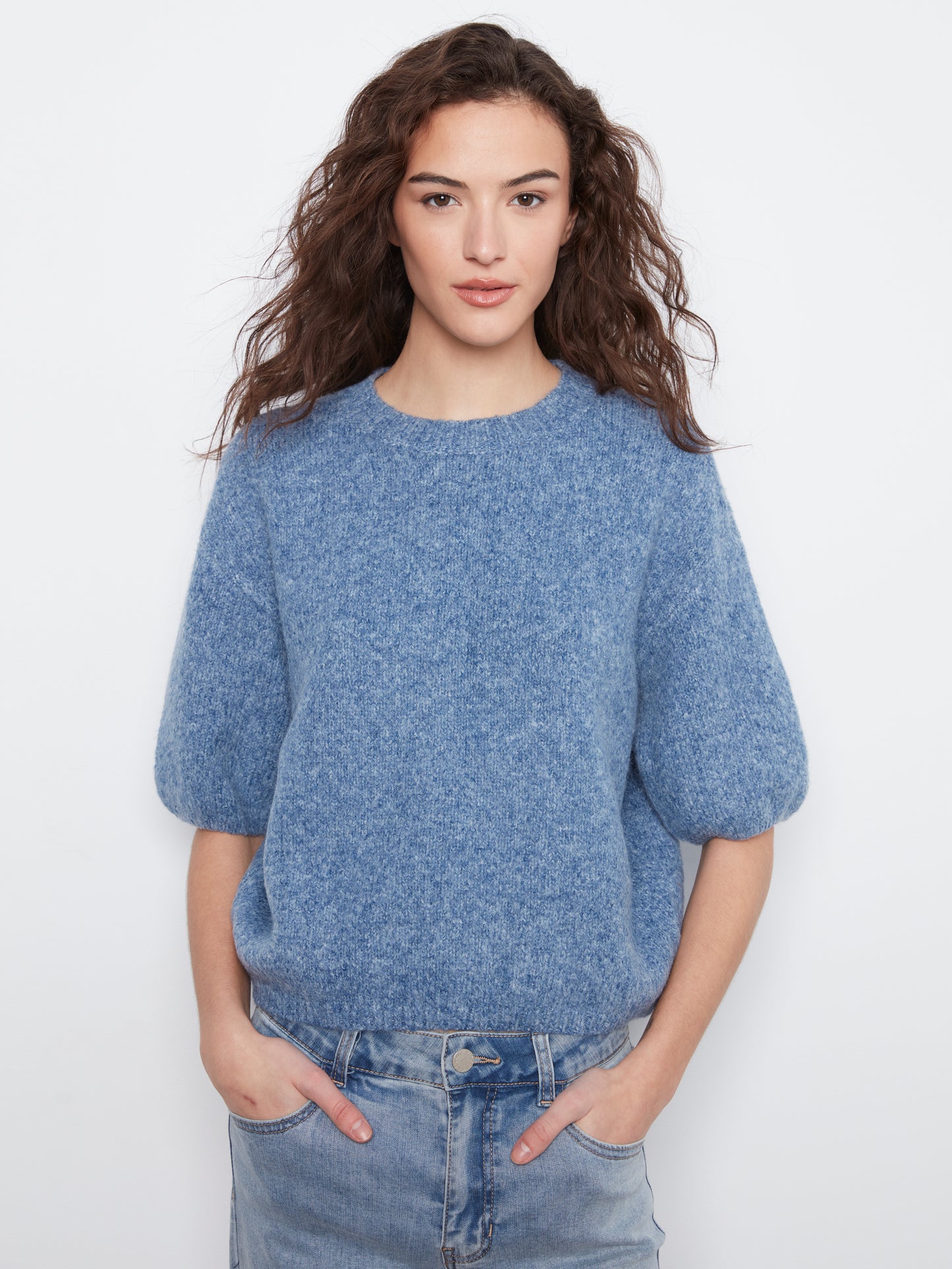 Charlie B Elbow Sleeve Balloon Shape Sweater Heather Denim C2858R-635C-011