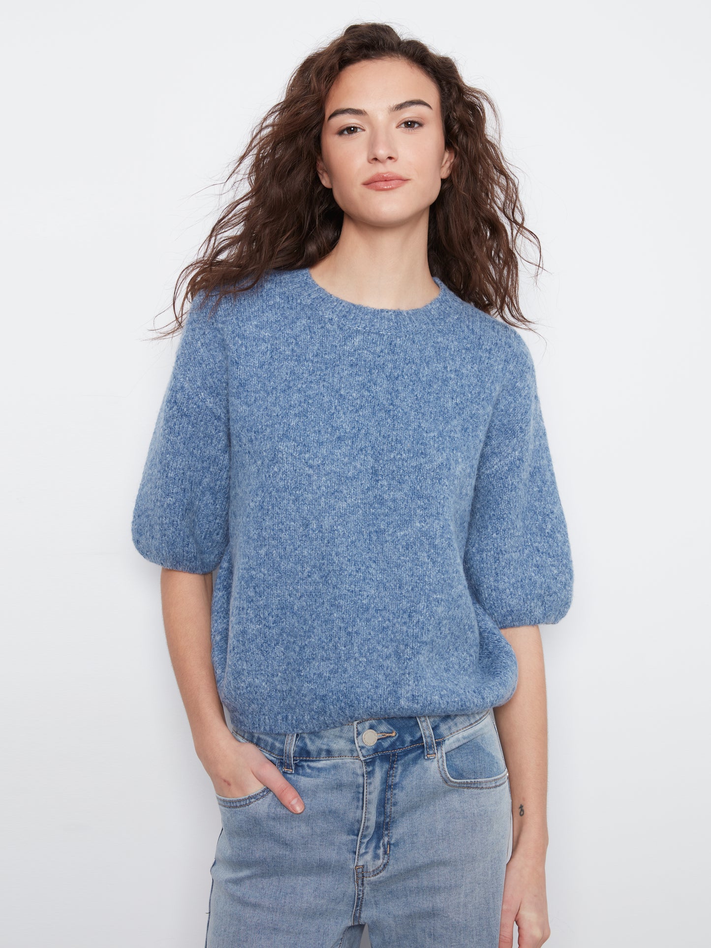 Charlie B Elbow Sleeve Balloon Shape Sweater Heather Denim C2858R-635C-011