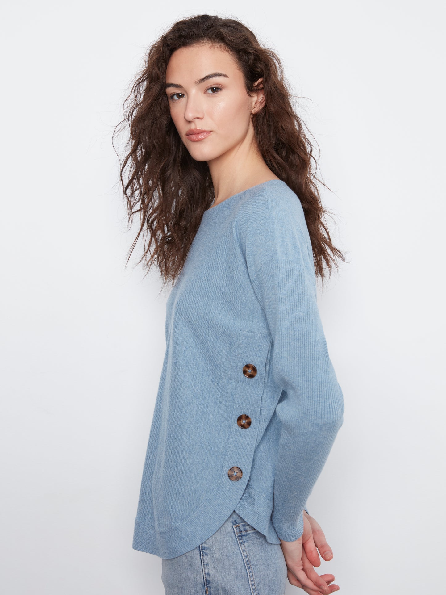 Charlie B L/S Drop Shoulder Boat Neck Sweater w/Side Buttons Detail H. Storm C2871R-464A-095