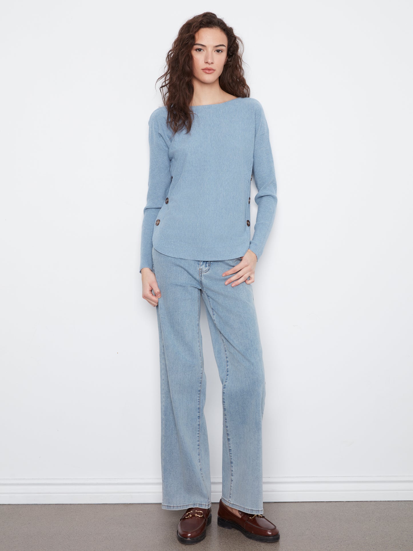Charlie B L/S Drop Shoulder Boat Neck Sweater w/Side Buttons Detail H. Storm C2871R-464A-095