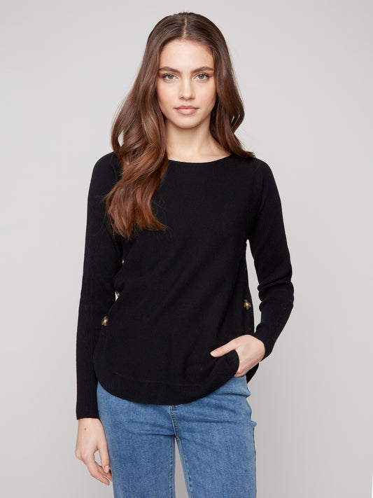 Charlie B Boat Neck Sweater w/Side Buttons Detail Black C2871-464A-001