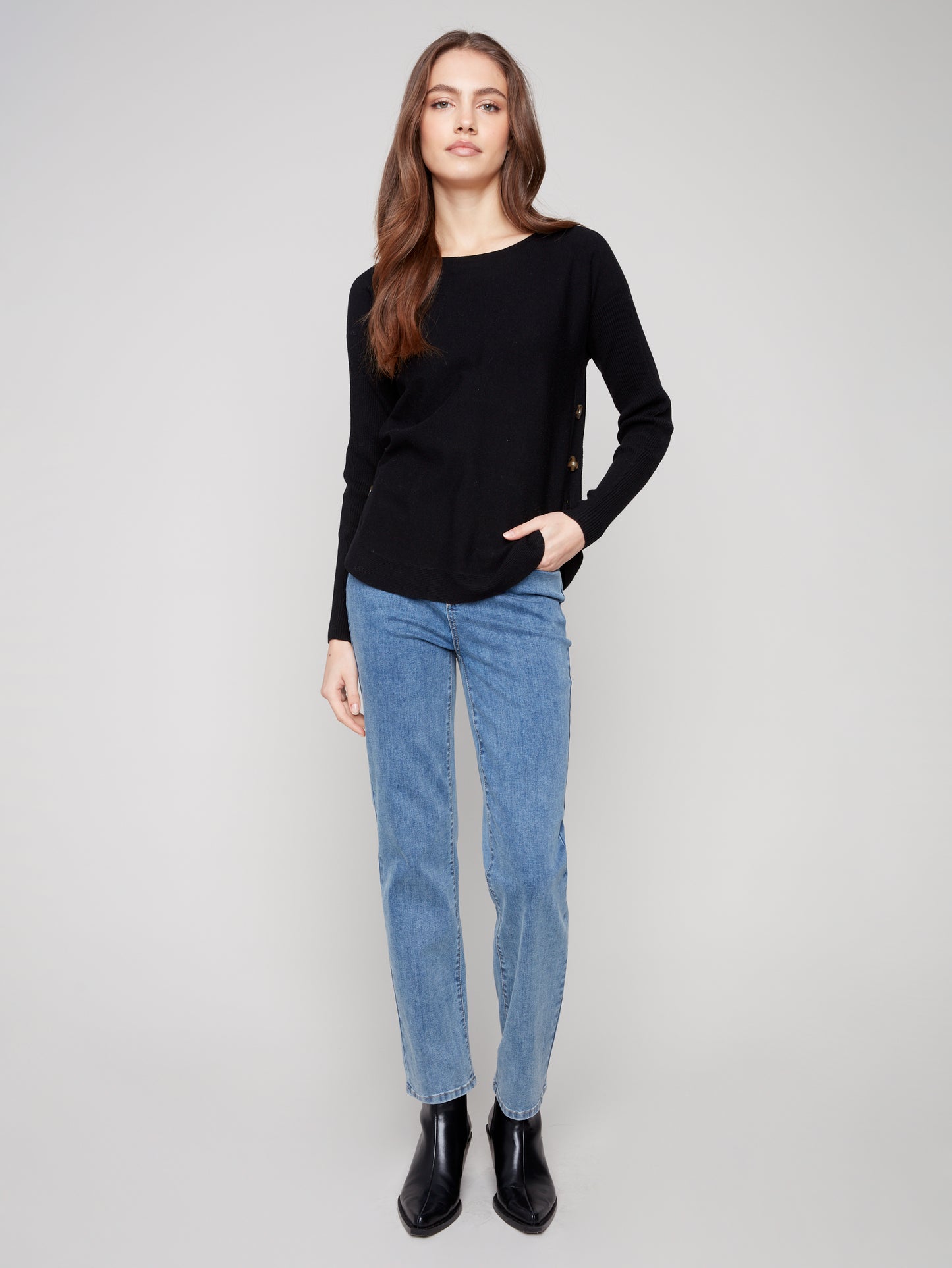 Charlie B Boat Neck Sweater w/Side Buttons Detail Black C2871-464A-001