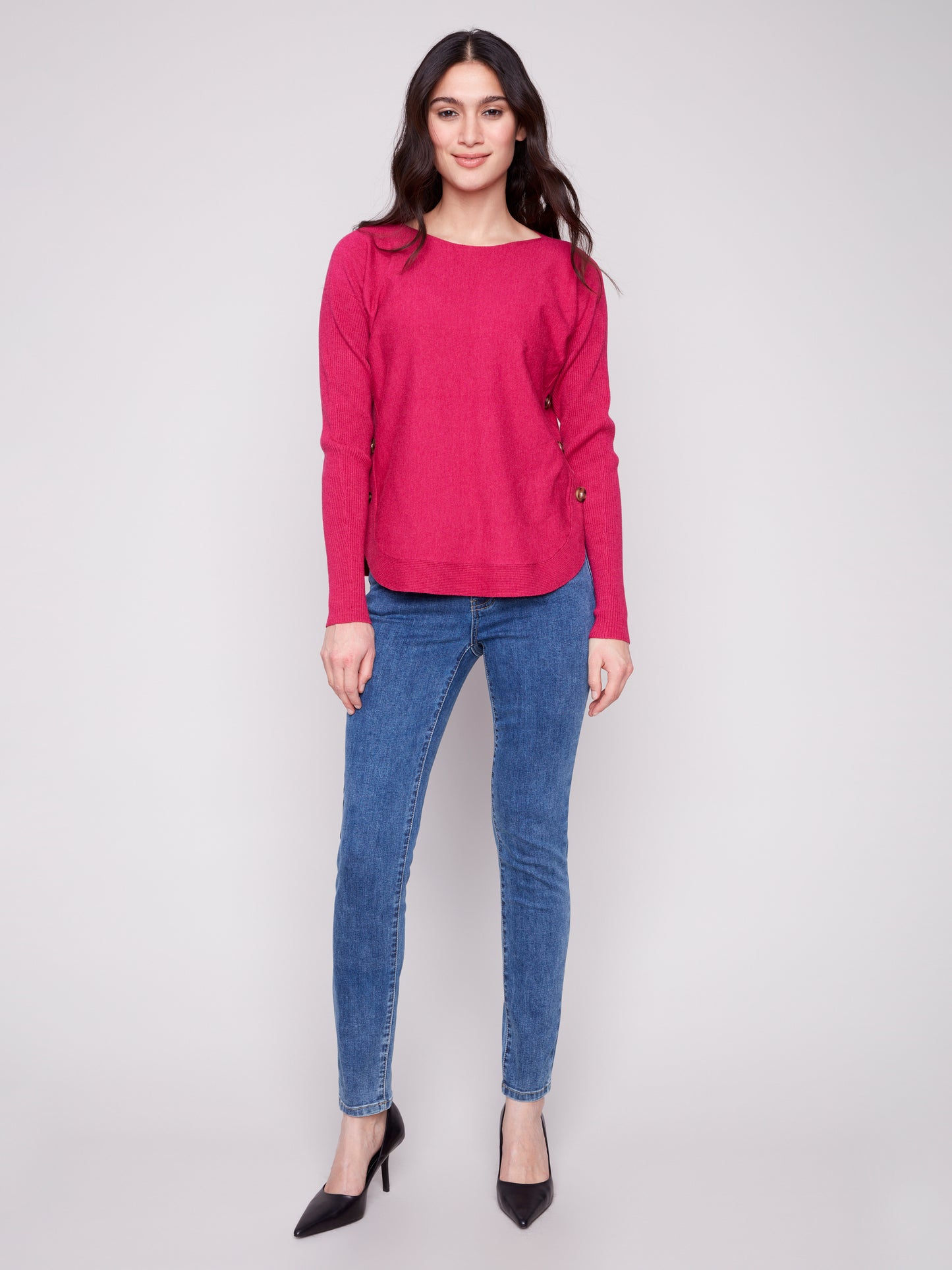 Charlie B Boat Neck Sweater w/Side Buttons Detail H. Hibiscus C2871-464A-944