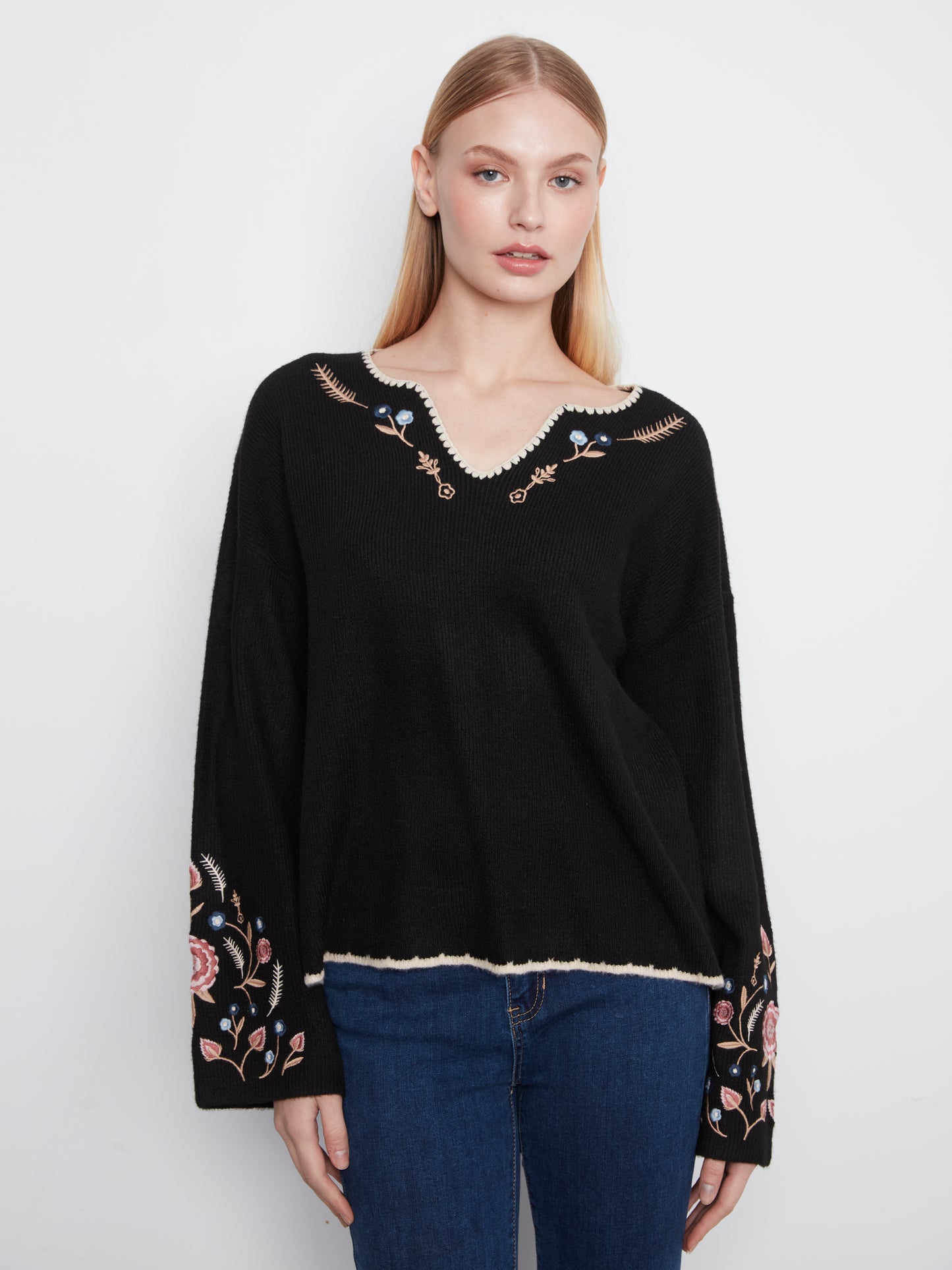 Charlie B Back & Sleeves Embroidered Ribbed Sweater w/Notch Neck Black C2879R-365C-001