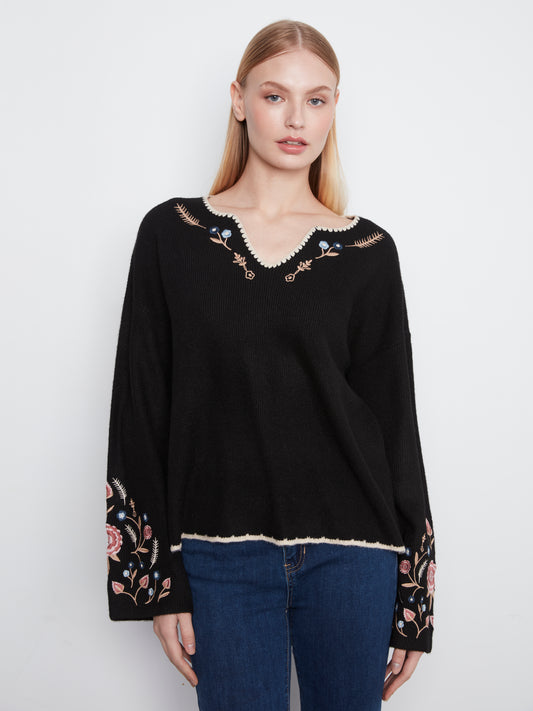 Charlie B Back & Sleeves Embroidered Ribbed Sweater w/Notch Neck Black C2879R-365C-001