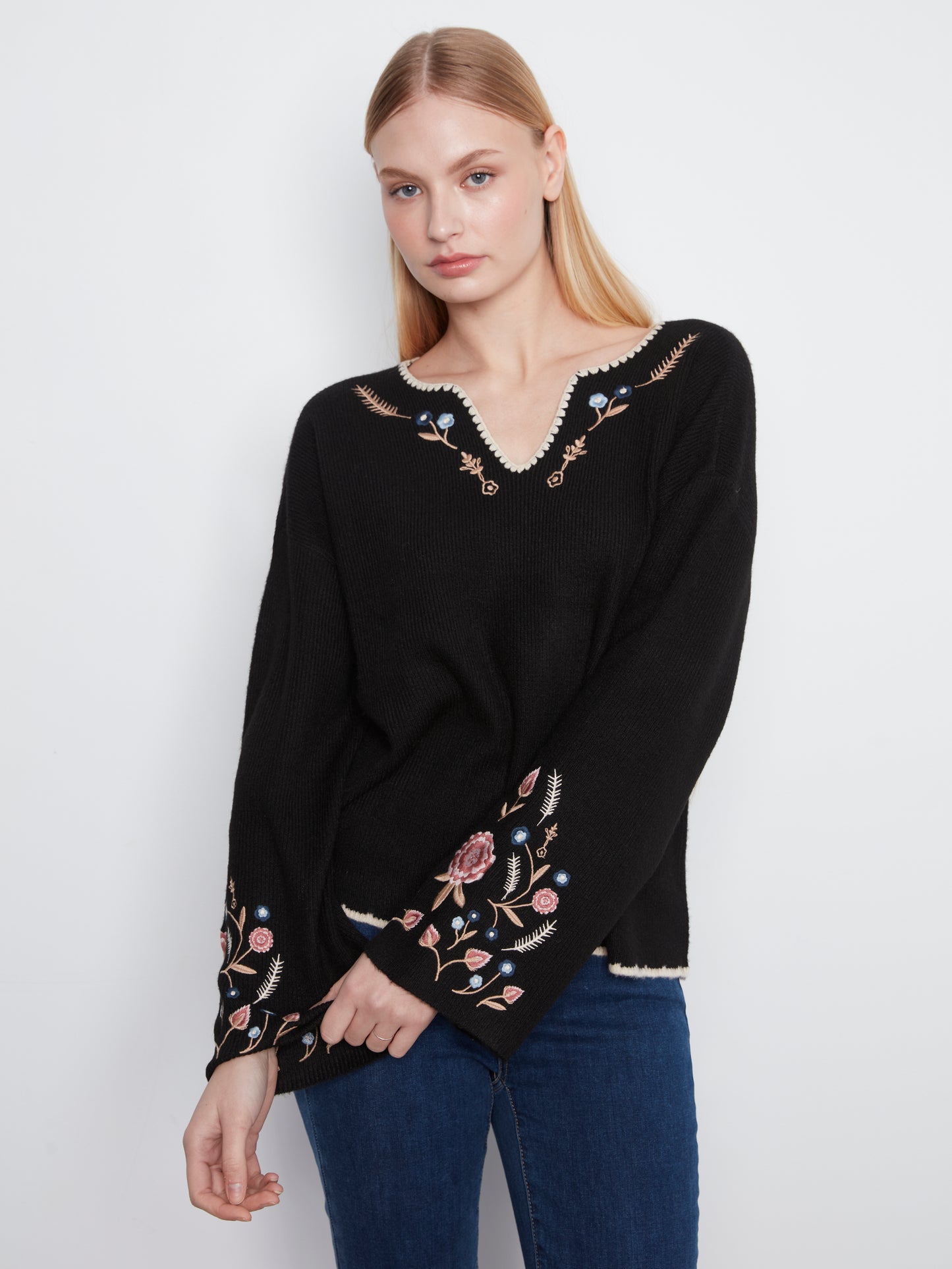 Charlie B Back & Sleeves Embroidered Ribbed Sweater w/Notch Neck Black C2879R-365C-001
