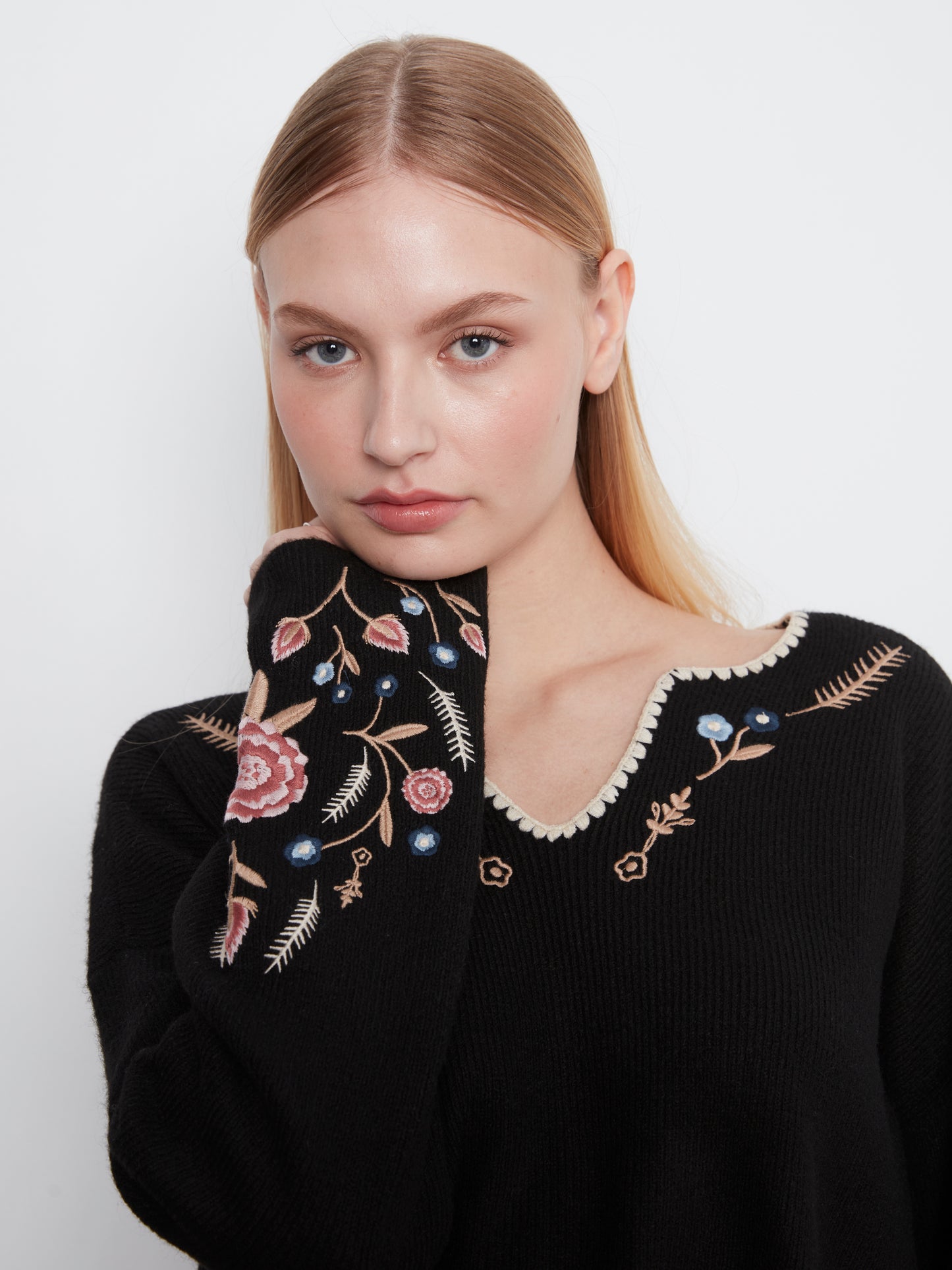 Charlie B Back & Sleeves Embroidered Ribbed Sweater w/Notch Neck Black C2879R-365C-001