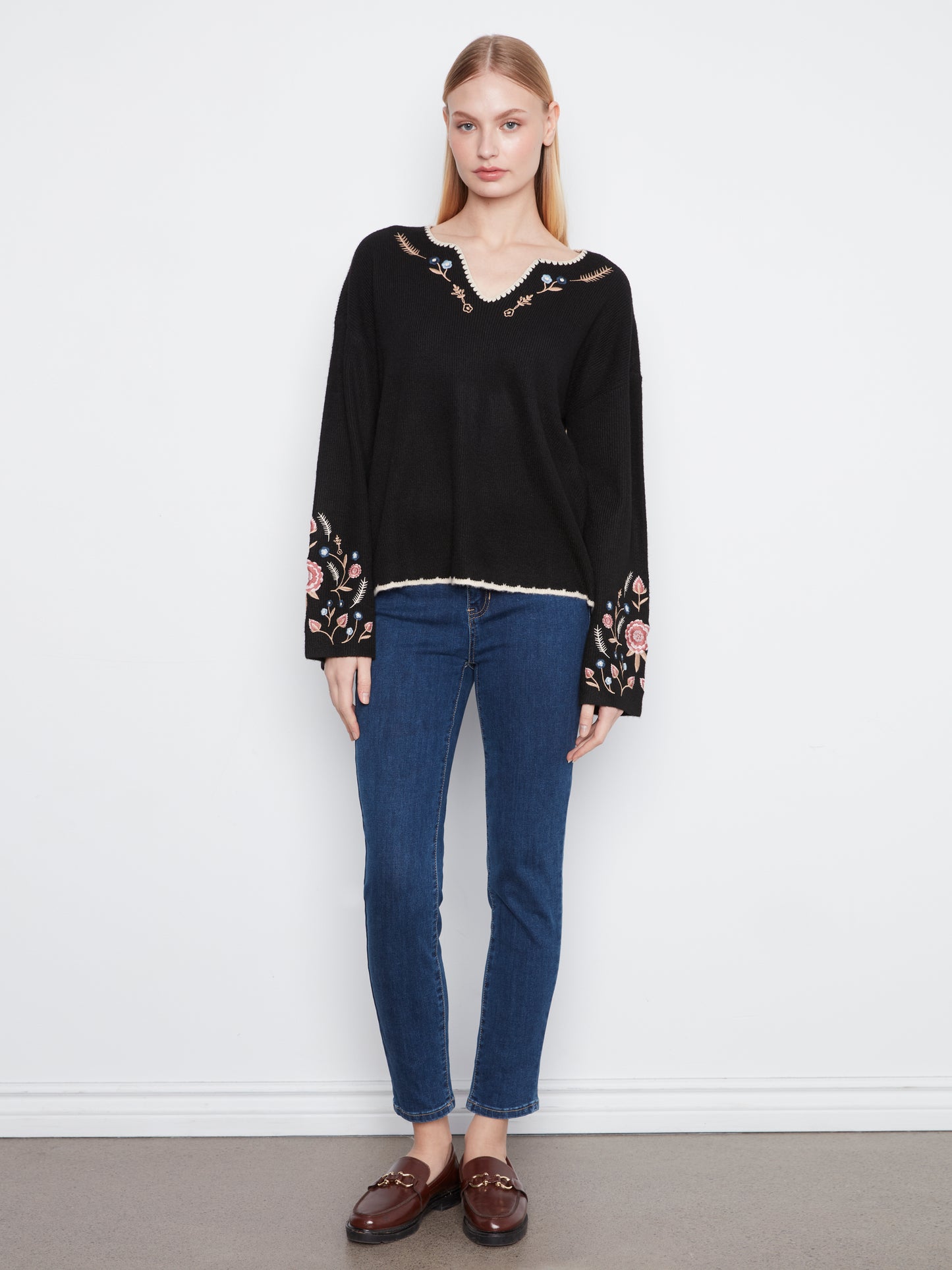 Charlie B Back & Sleeves Embroidered Ribbed Sweater w/Notch Neck Black C2879R-365C-001