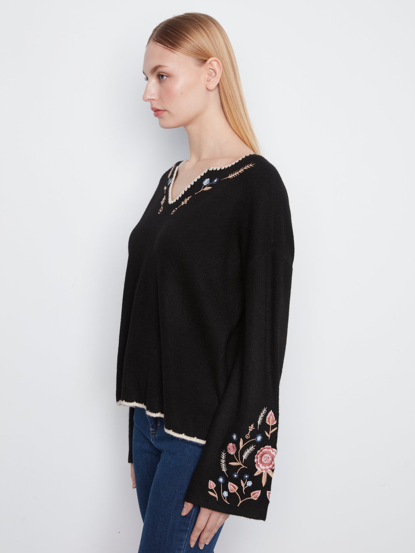 Charlie B Back & Sleeves Embroidered Ribbed Sweater w/Notch Neck Black C2879R-365C-001