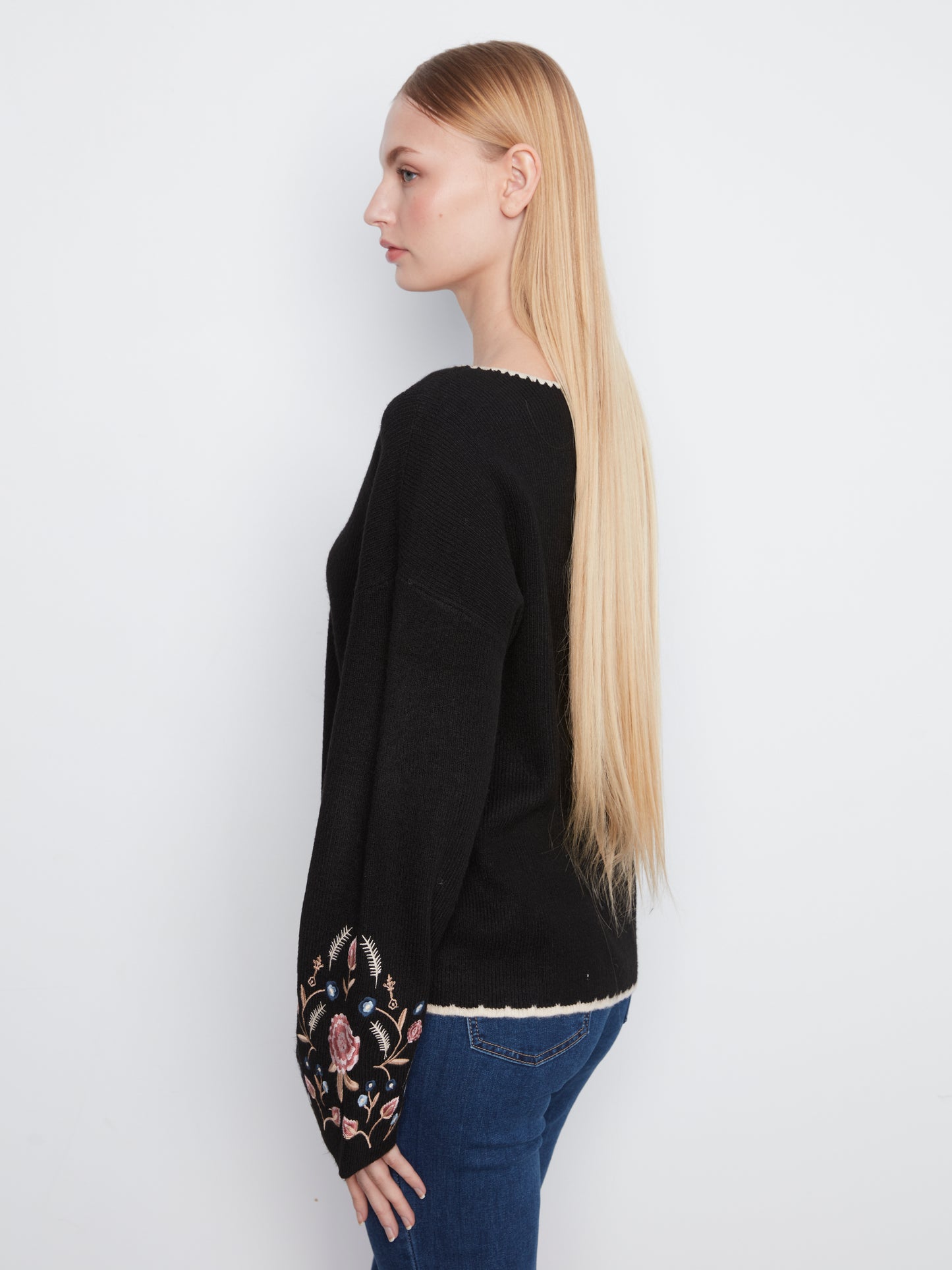 Charlie B Back & Sleeves Embroidered Ribbed Sweater w/Notch Neck Black C2879R-365C-001