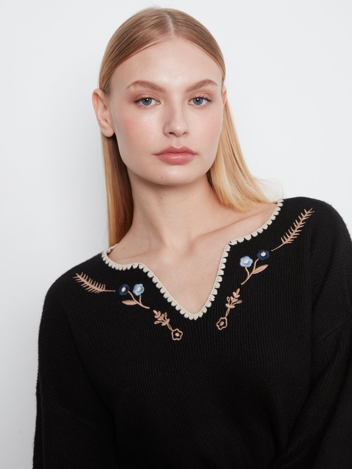 Charlie B Back & Sleeves Embroidered Ribbed Sweater w/Notch Neck Black C2879R-365C-001