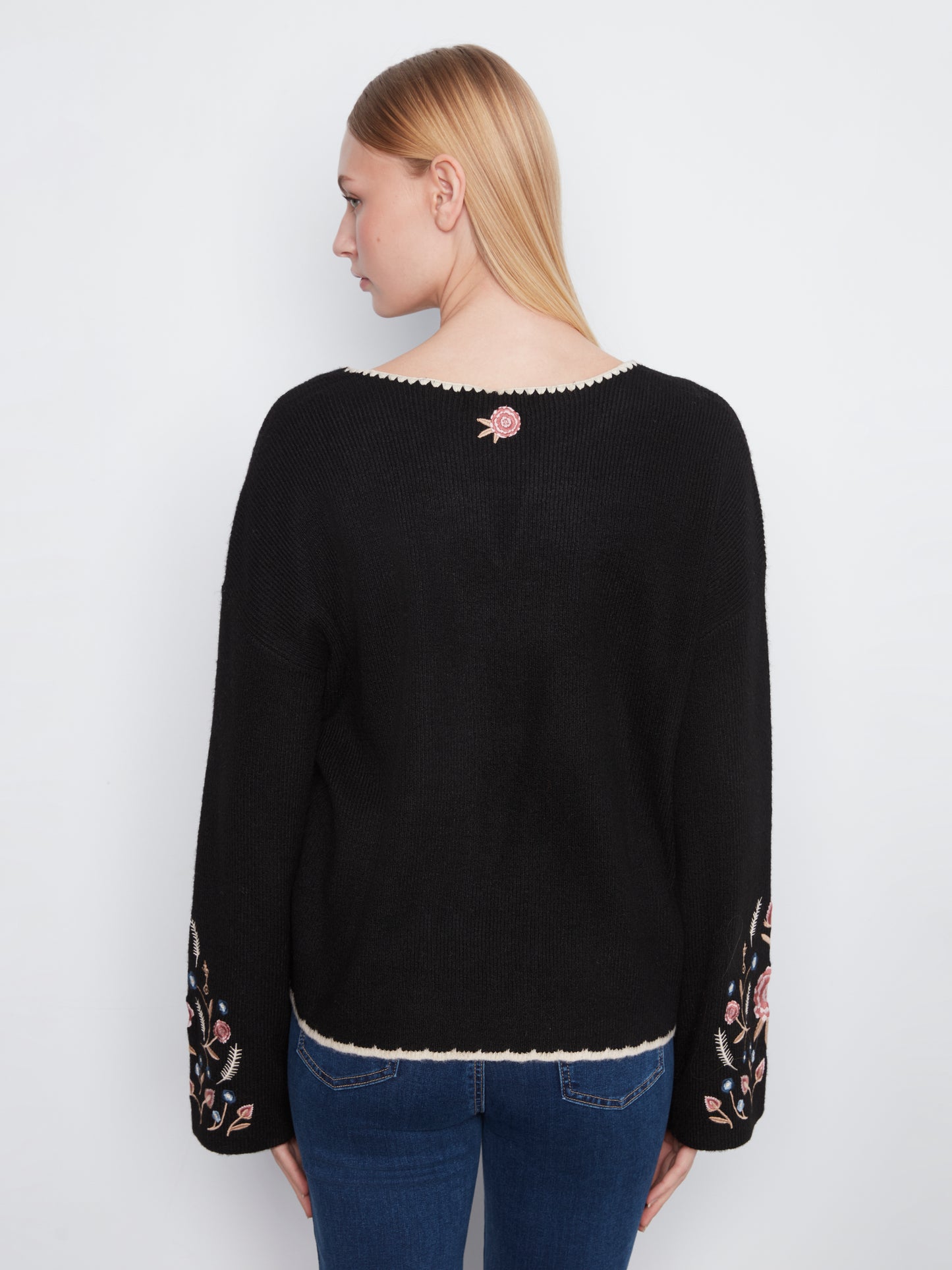 Charlie B Back & Sleeves Embroidered Ribbed Sweater w/Notch Neck Black C2879R-365C-001