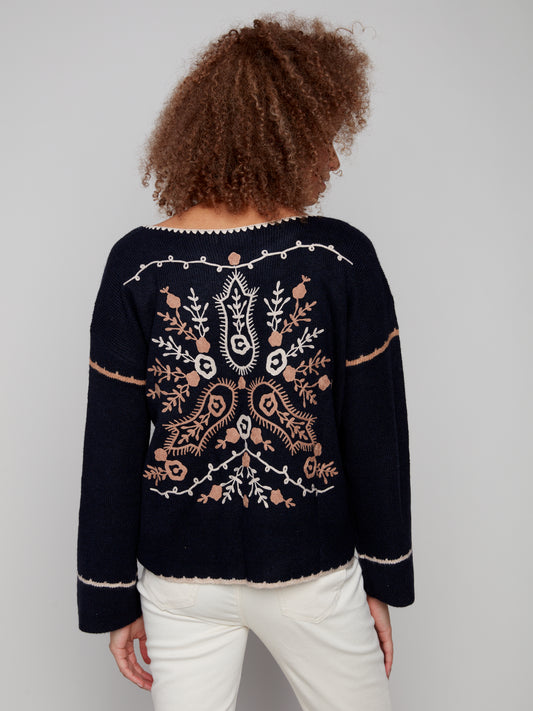 Charlie B Notched Neck Rib Embroidered Sweater Navy C2879-365C-P117