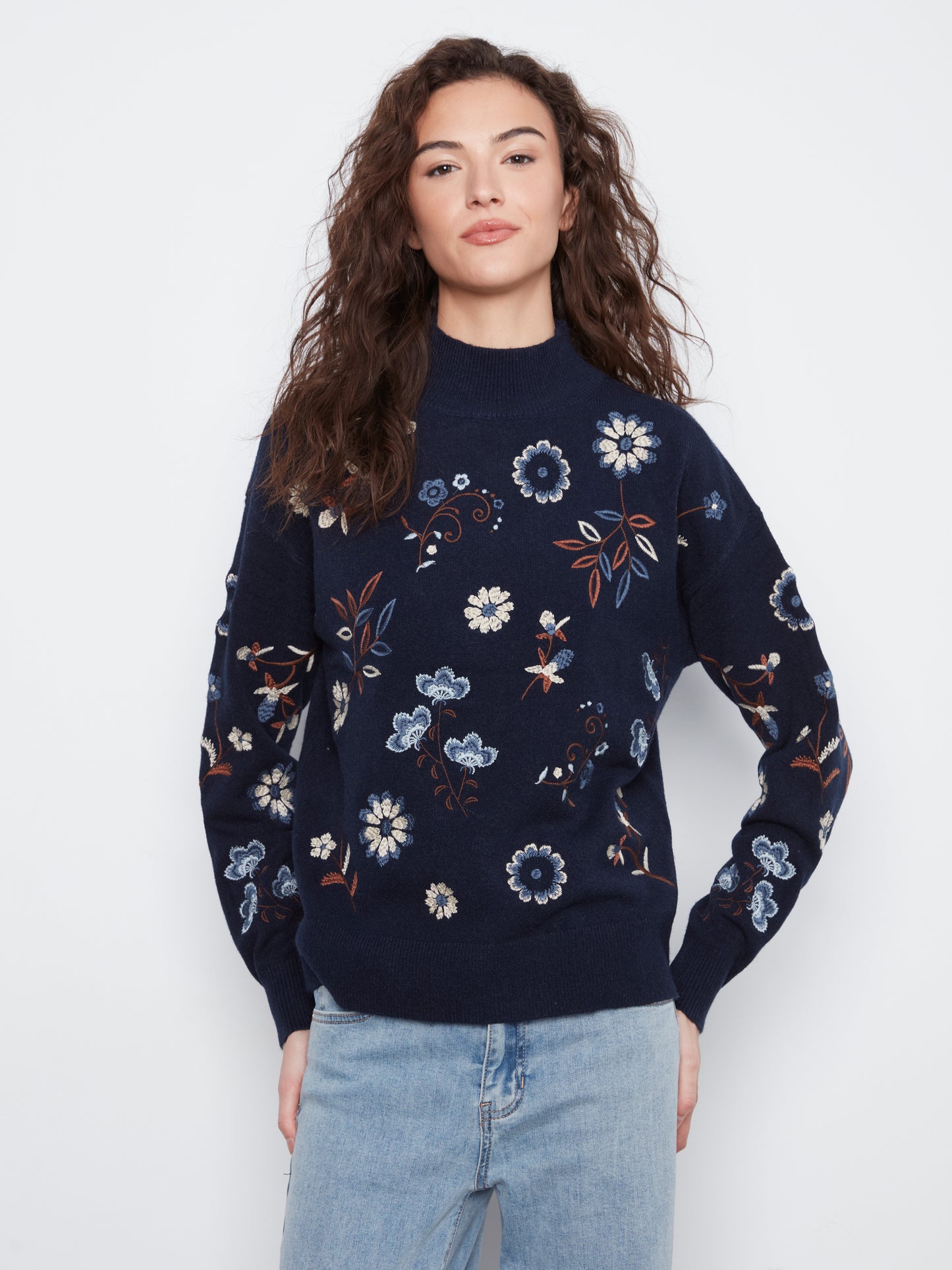 Charlie B All Over Embroidered Mock Neck Sweater Navy C2893R-736A-P117