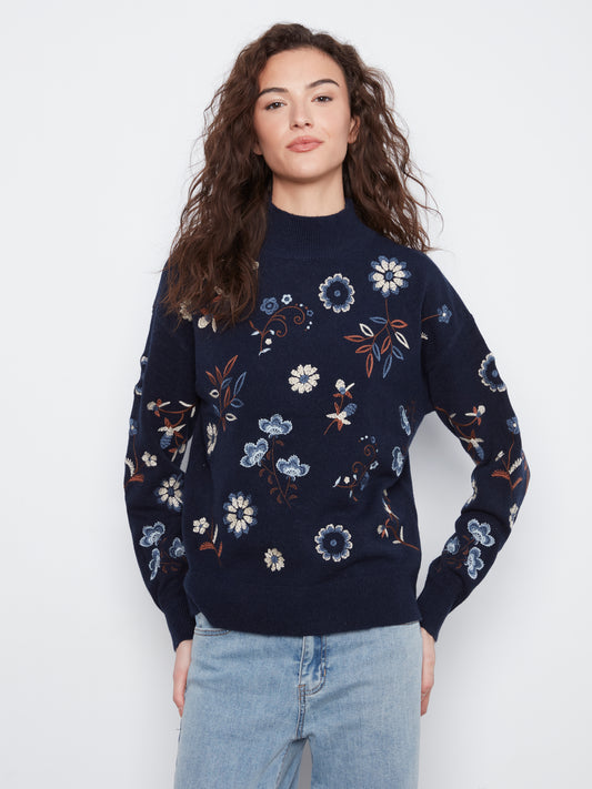 Charlie B All Over Embroidered Mock Neck Sweater Navy C2893R-736A-P117