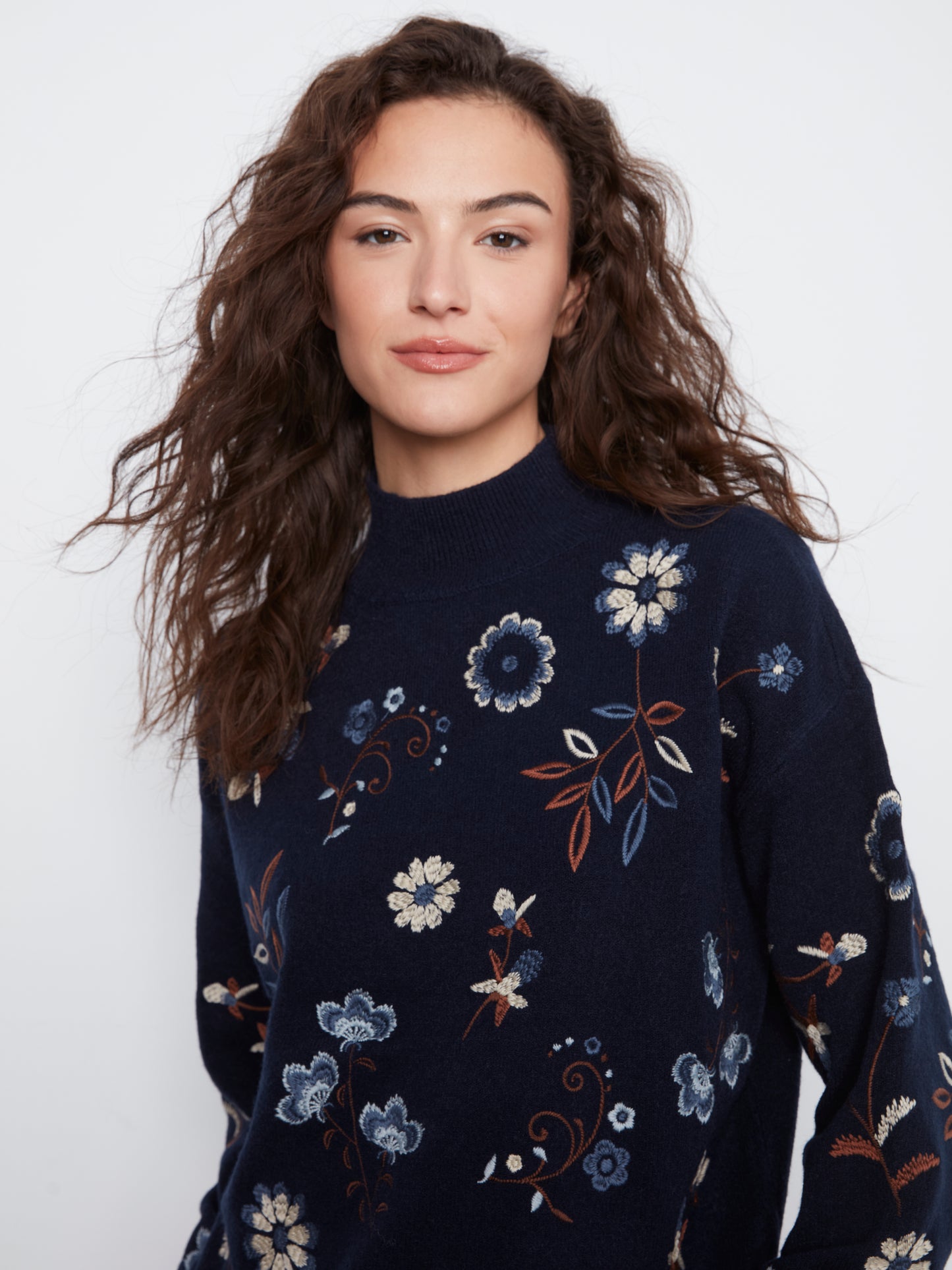 Charlie B All Over Embroidered Mock Neck Sweater Navy C2893R-736A-P117