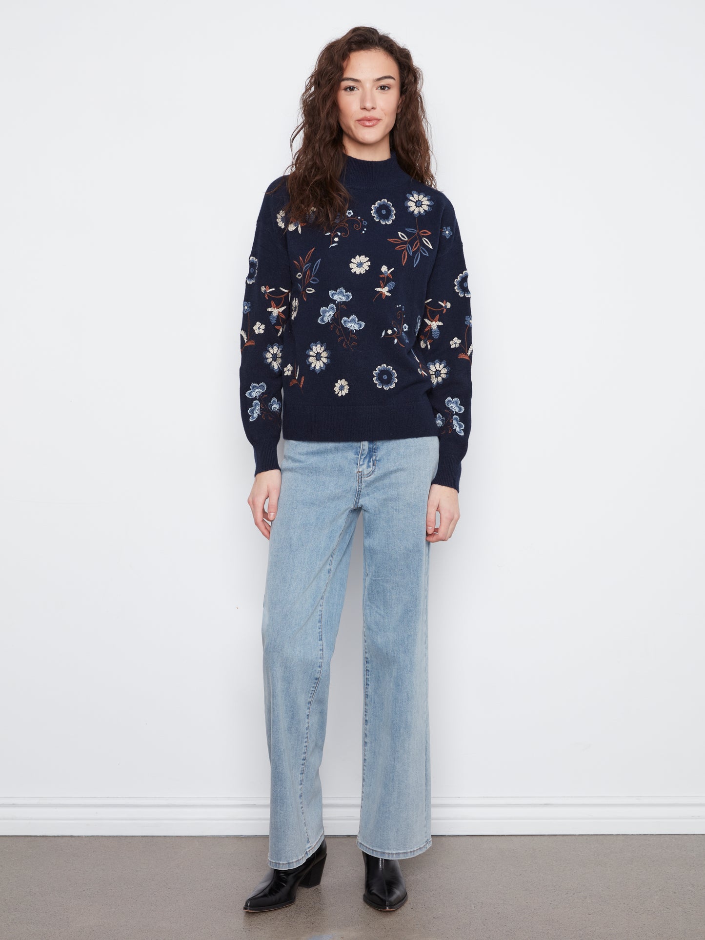 Charlie B All Over Embroidered Mock Neck Sweater Navy C2893R-736A-P117