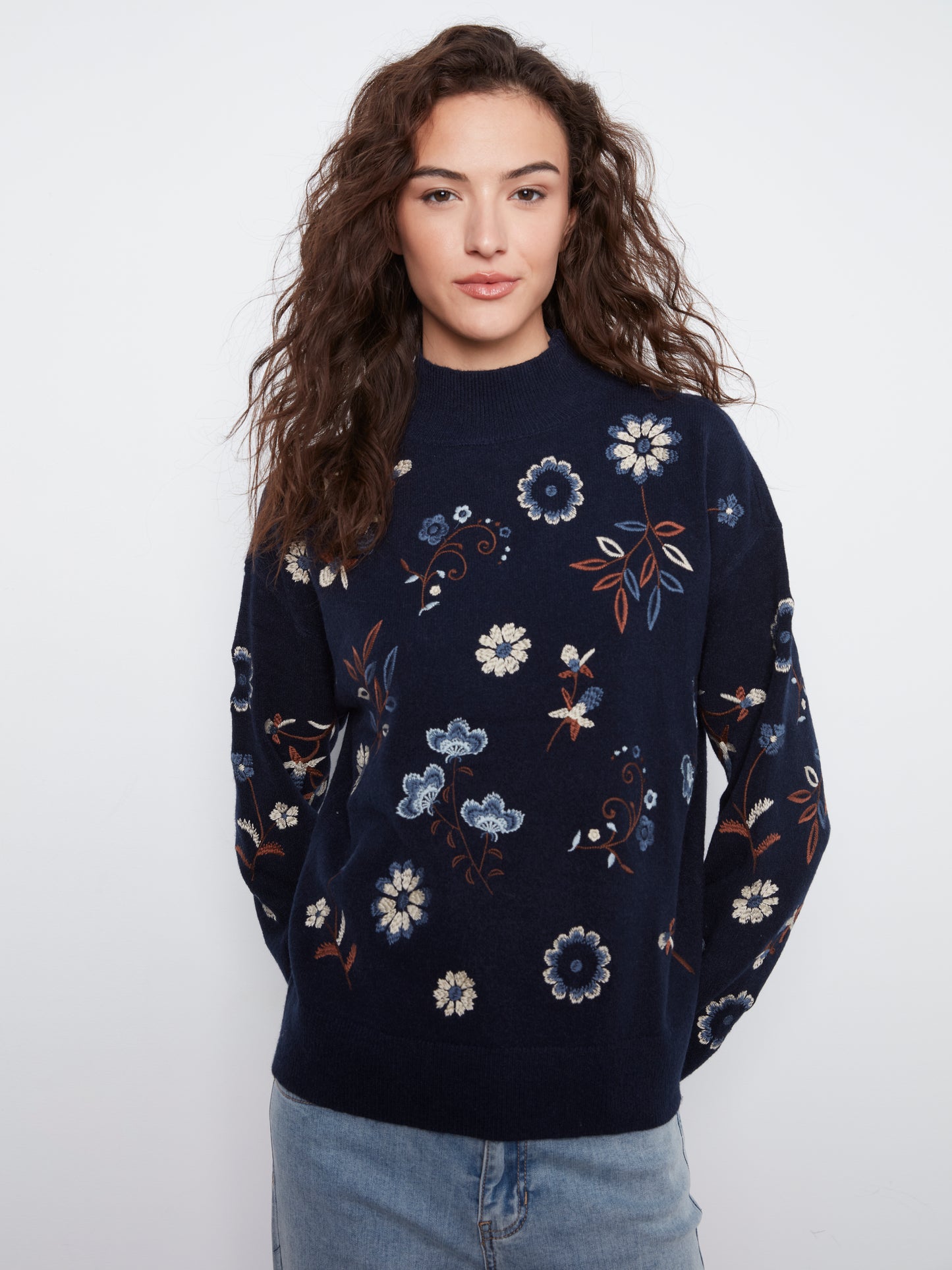 Charlie B All Over Embroidered Mock Neck Sweater Navy C2893R-736A-P117