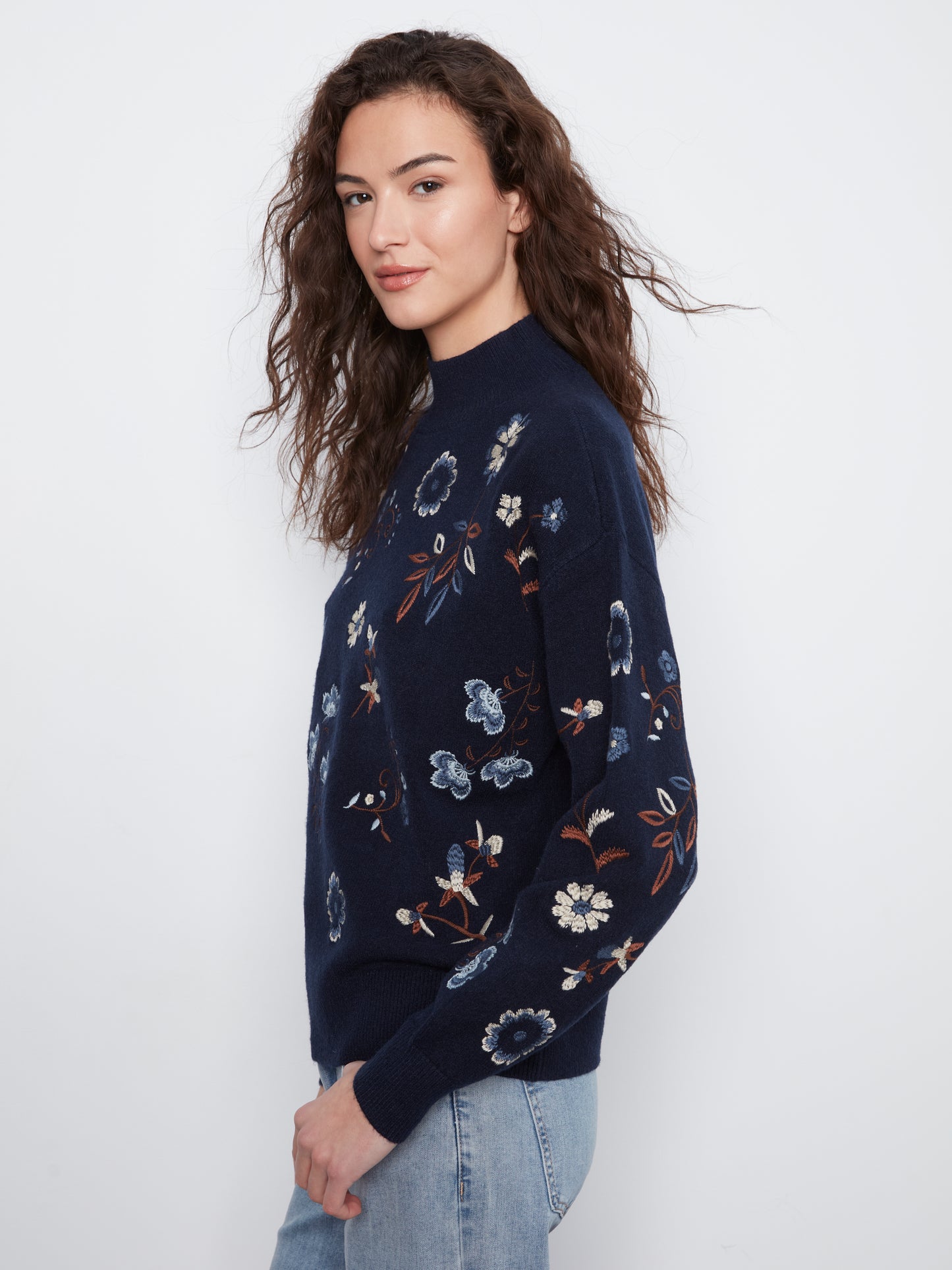 Charlie B All Over Embroidered Mock Neck Sweater Navy C2893R-736A-P117