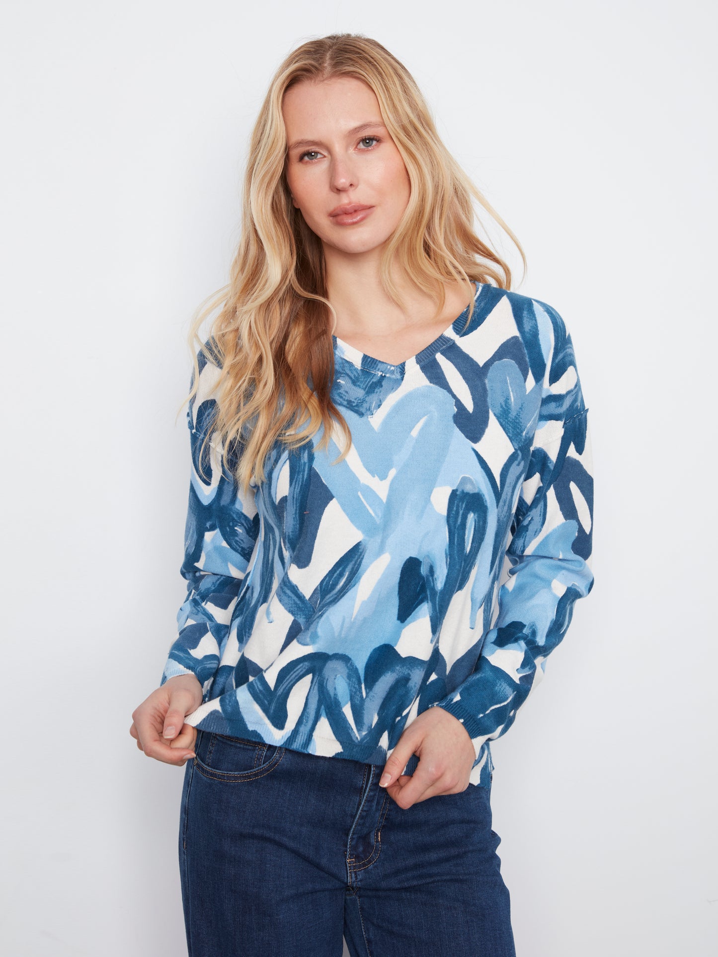 Charlie B L/S Drop Shoulder V-Neck Reversible Printed Sweater Splatter C2907P-626B-P466