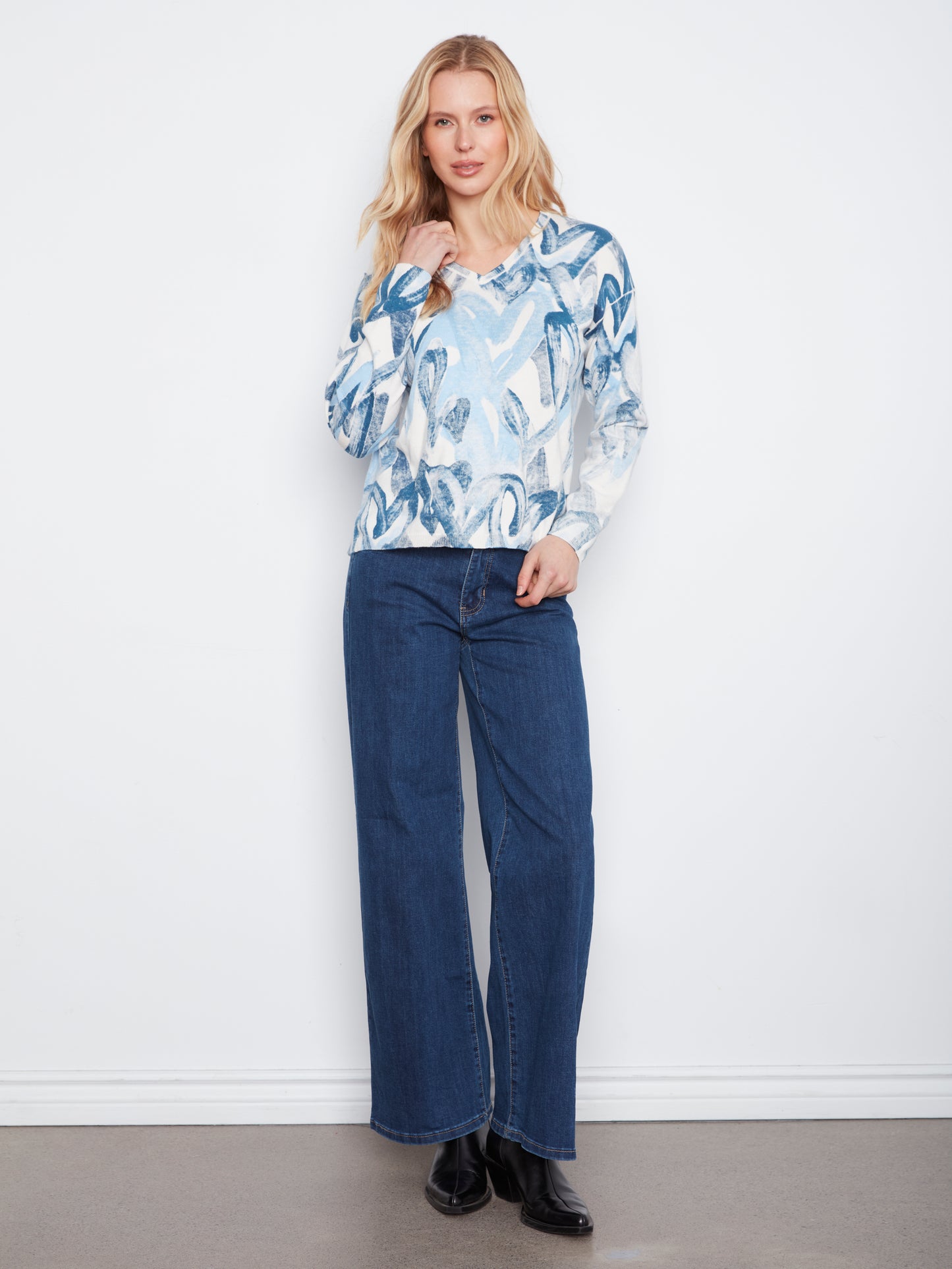 Charlie B L/S Drop Shoulder V-Neck Reversible Printed Sweater Splatter C2907P-626B-P466