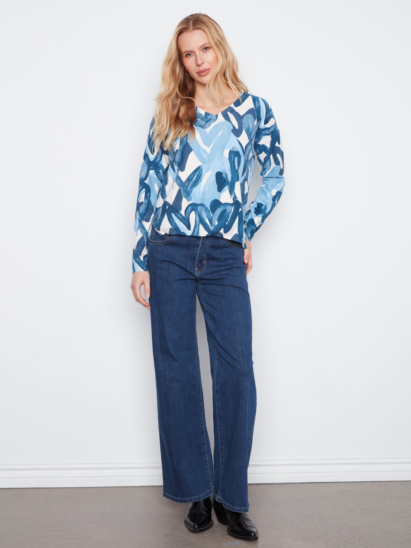 Charlie B L/S Drop Shoulder V-Neck Reversible Printed Sweater Splatter C2907P-626B-P466