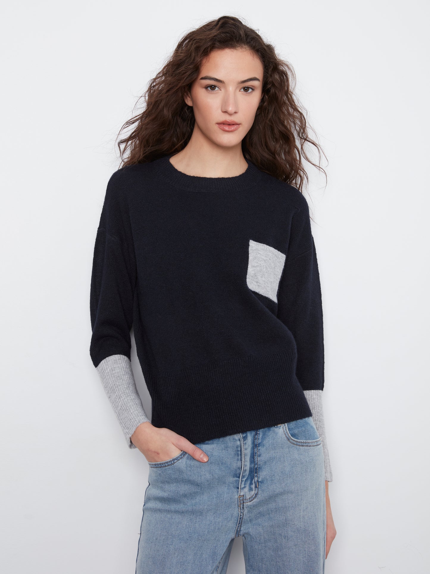 Charlie B L/S Drop Shoulder Colour Block Sweater w/Chest Pocket Navy C2928R-690C-P117
