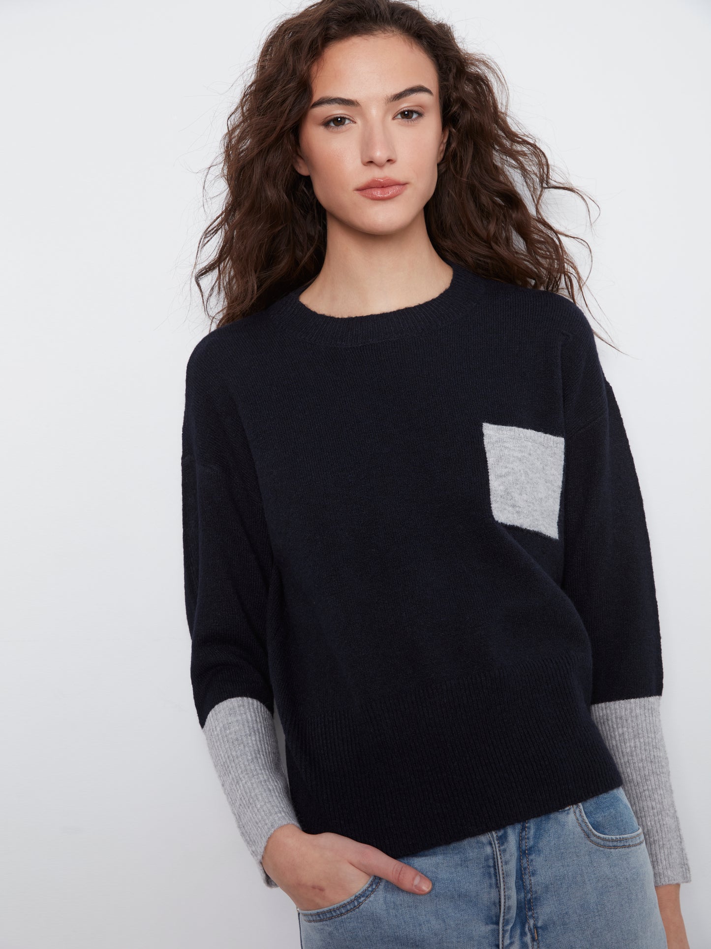 Charlie B L/S Drop Shoulder Colour Block Sweater w/Chest Pocket Navy C2928R-690C-P117