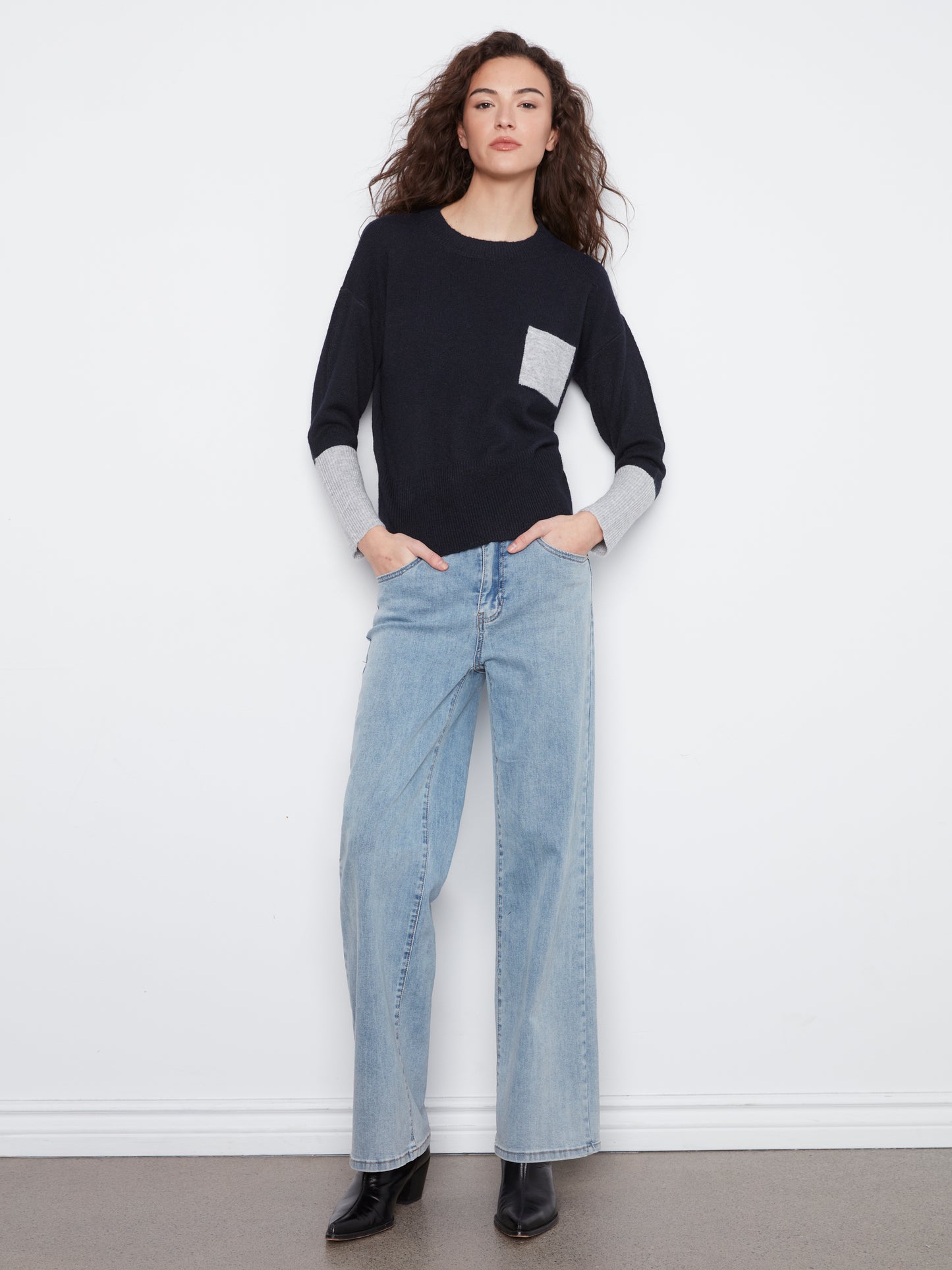 Charlie B L/S Drop Shoulder Colour Block Sweater w/Chest Pocket Navy C2928R-690C-P117