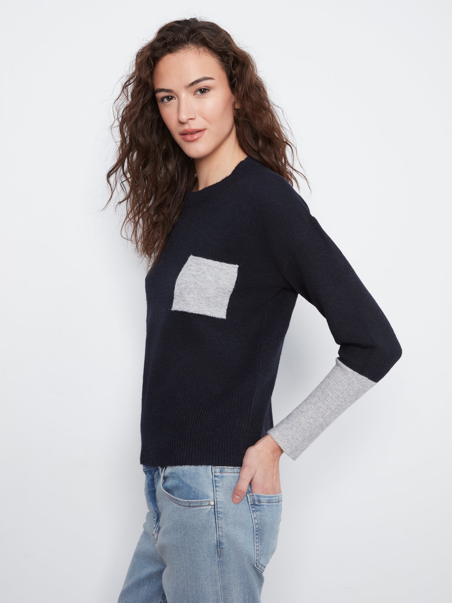 Charlie B L/S Drop Shoulder Colour Block Sweater w/Chest Pocket Navy C2928R-690C-P117