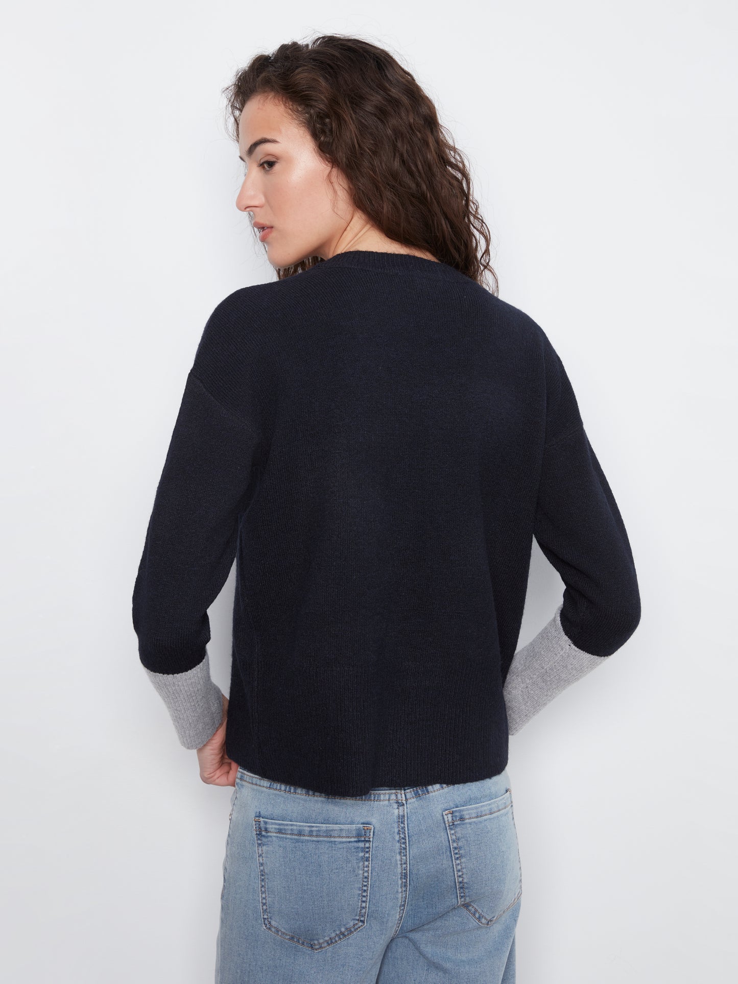 Charlie B L/S Drop Shoulder Colour Block Sweater w/Chest Pocket Navy C2928R-690C-P117