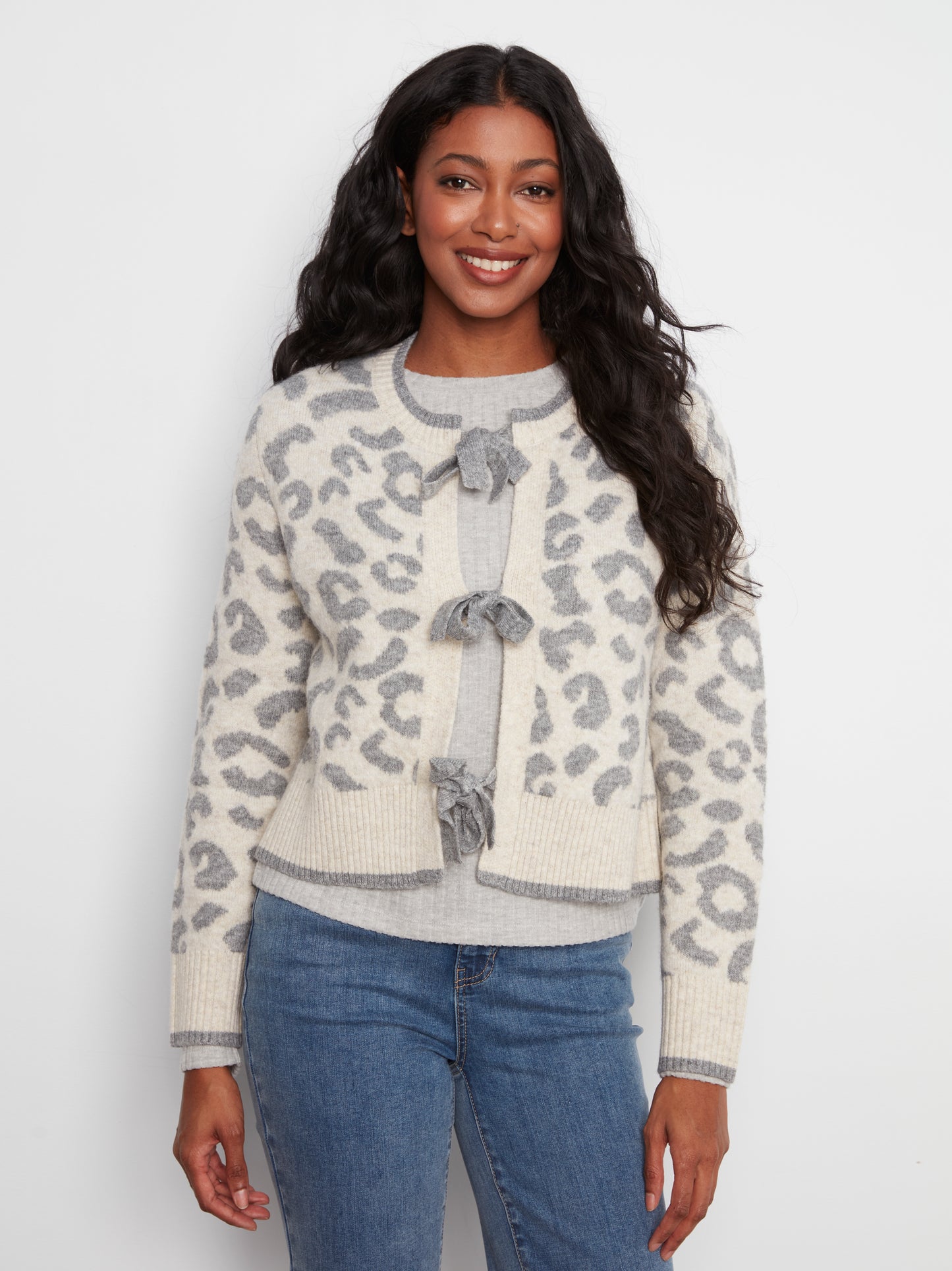 Charlie B L/S Bow Tie Front Jacquard Sweater Cardigan Leopard C2933RP-690C-P916
