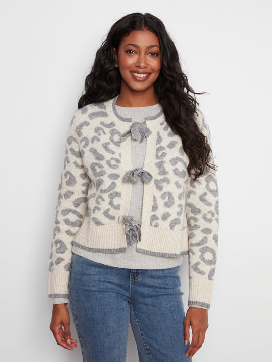 Charlie B L/S Bow Tie Front Jacquard Sweater Cardigan Leopard C2933RP-690C-P916