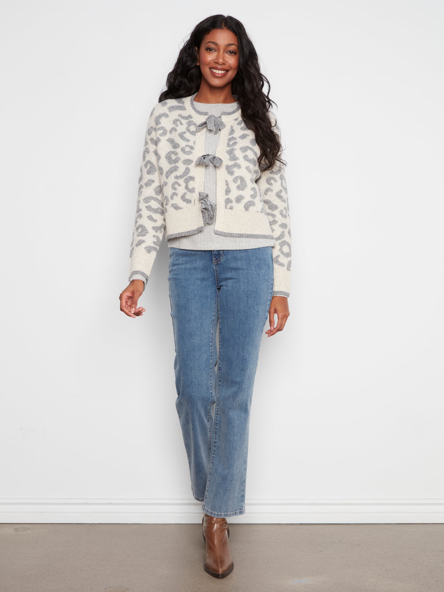 Charlie B L/S Bow Tie Front Jacquard Sweater Cardigan Leopard C2933RP-690C-P916