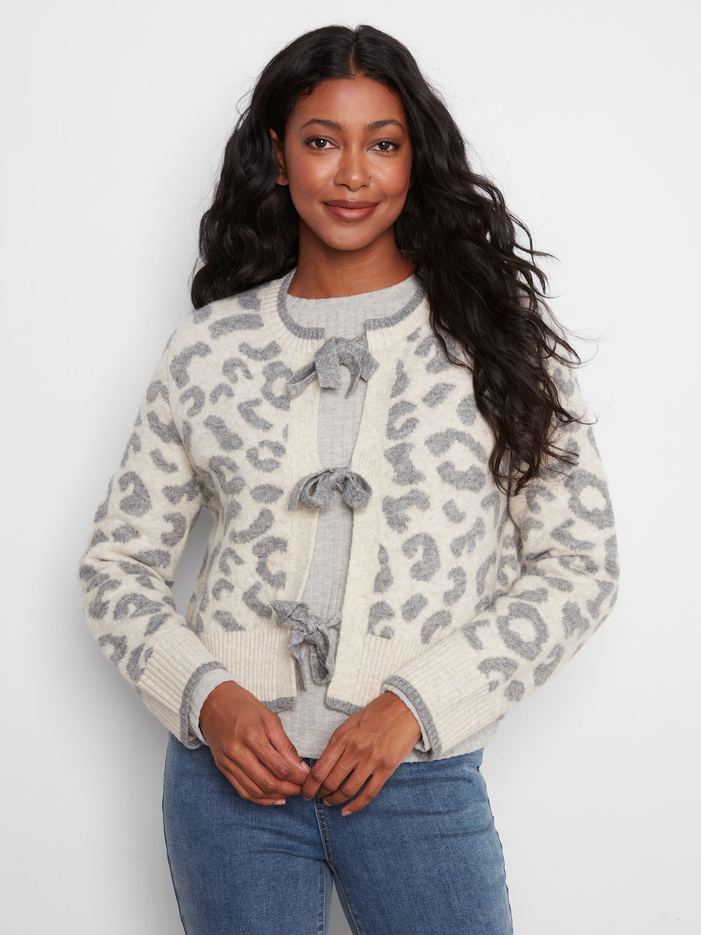 Charlie B L/S Bow Tie Front Jacquard Sweater Cardigan Leopard C2933RP-690C-P916