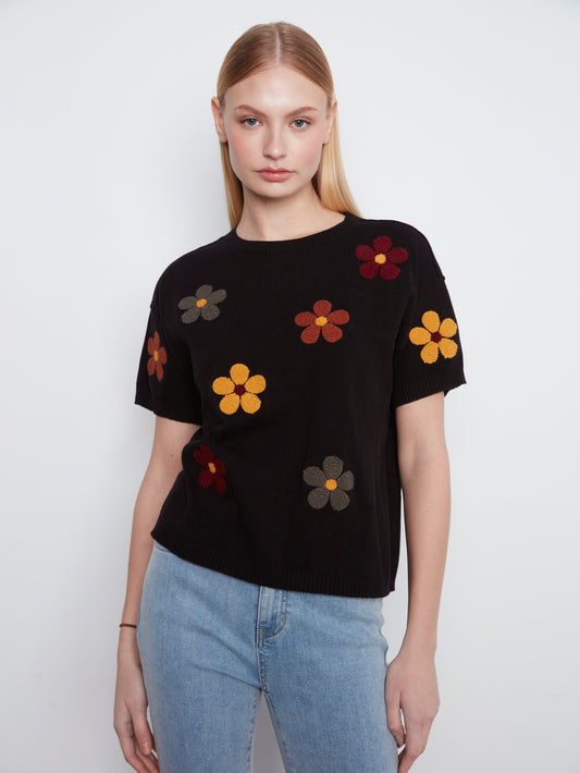 Charlie B Elbow Sleeve Embroidered Flowers Crew Neck Sweater Black C2947E-261B-P001