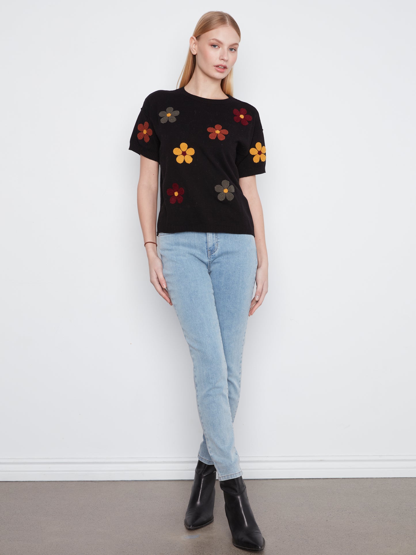 Charlie B Elbow Sleeve Embroidered Flowers Crew Neck Sweater Black C2947E-261B-P001