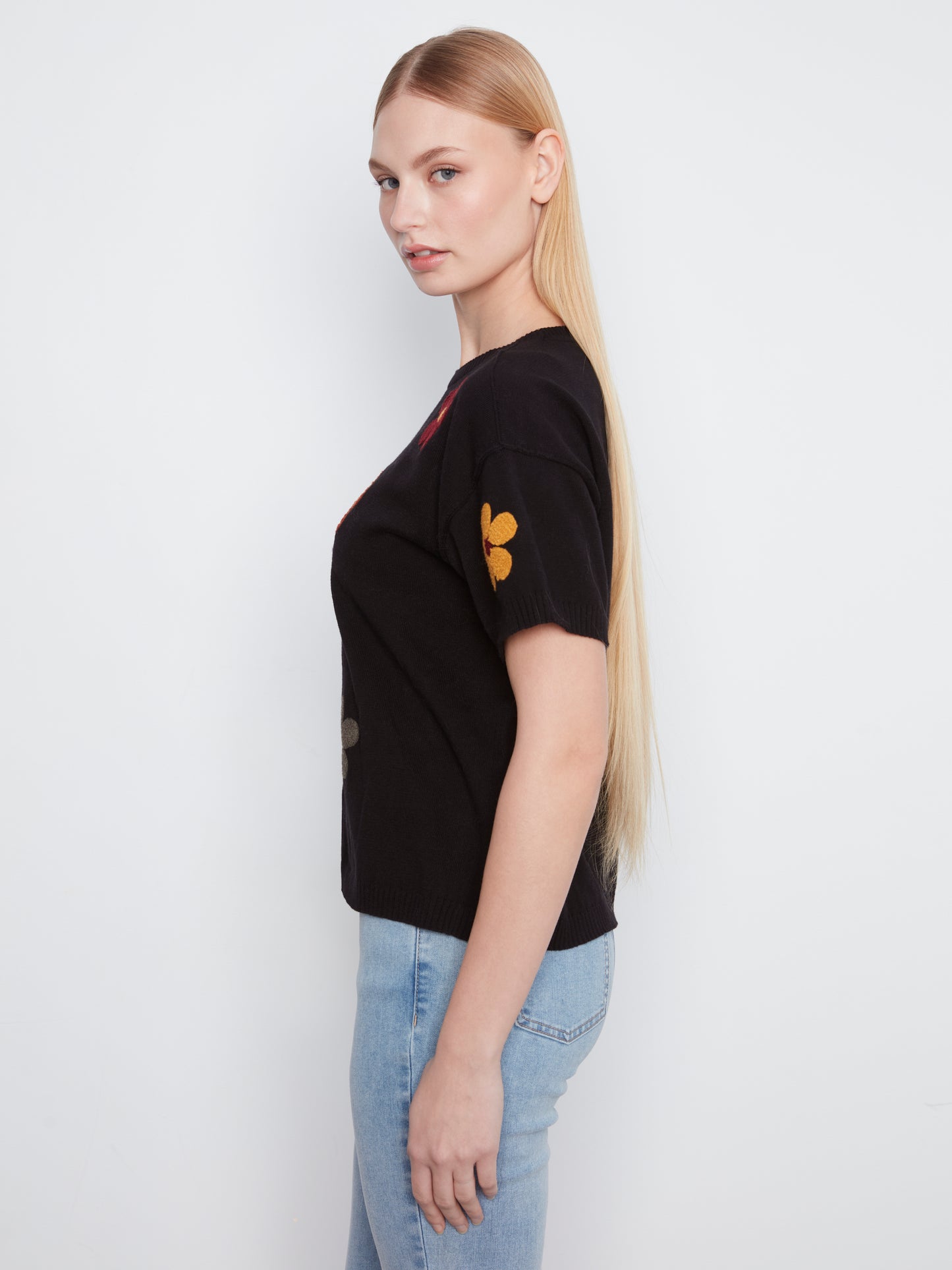 Charlie B Elbow Sleeve Embroidered Flowers Crew Neck Sweater Black C2947E-261B-P001