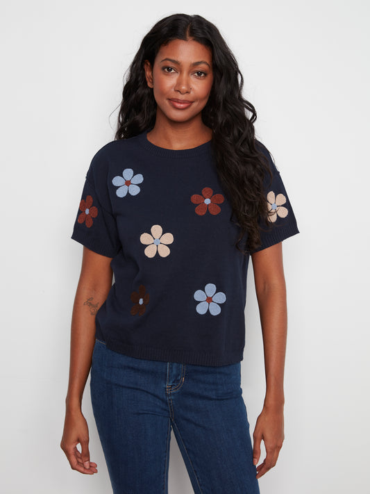 Charlie B Elbow Sleeve Embroidered Flowers Crew Neck Sweater Navy C2947E-261B-P117