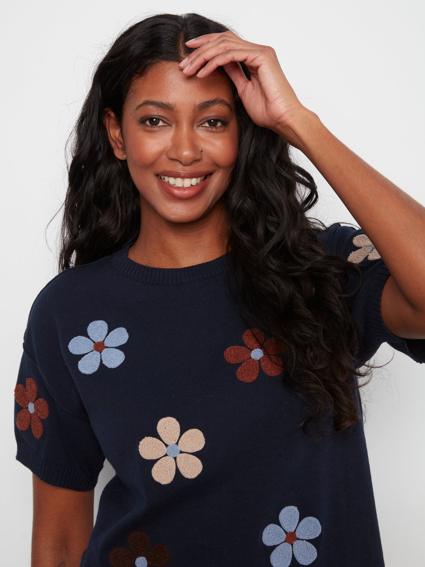 Charlie B Elbow Sleeve Embroidered Flowers Crew Neck Sweater Navy C2947E-261B-P117