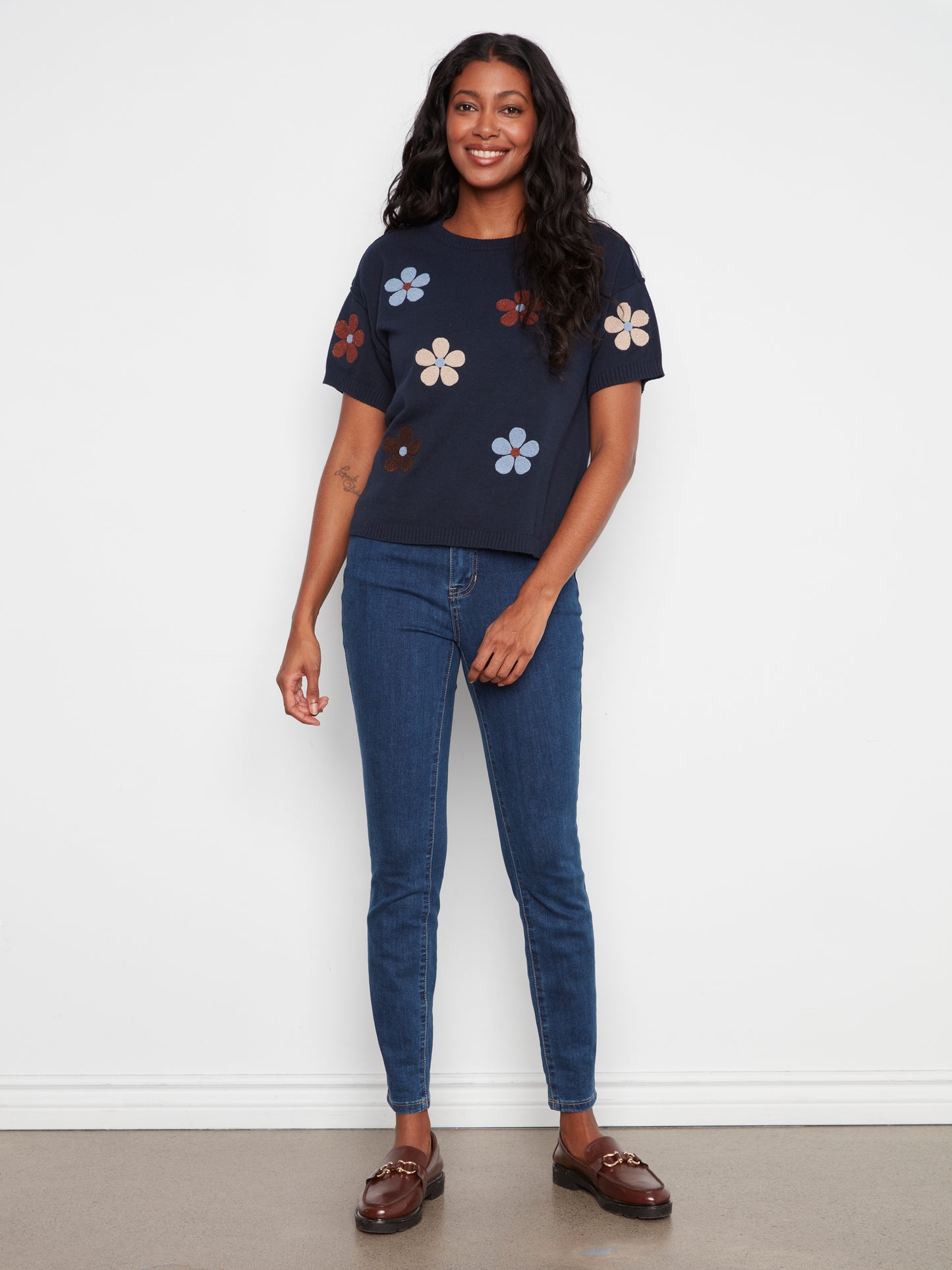 Charlie B Elbow Sleeve Embroidered Flowers Crew Neck Sweater Navy C2947E-261B-P117
