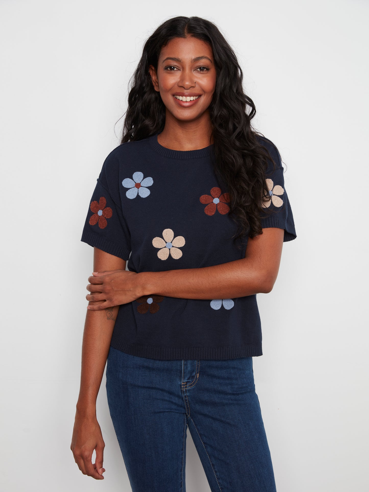 Charlie B Elbow Sleeve Embroidered Flowers Crew Neck Sweater Navy C2947E-261B-P117
