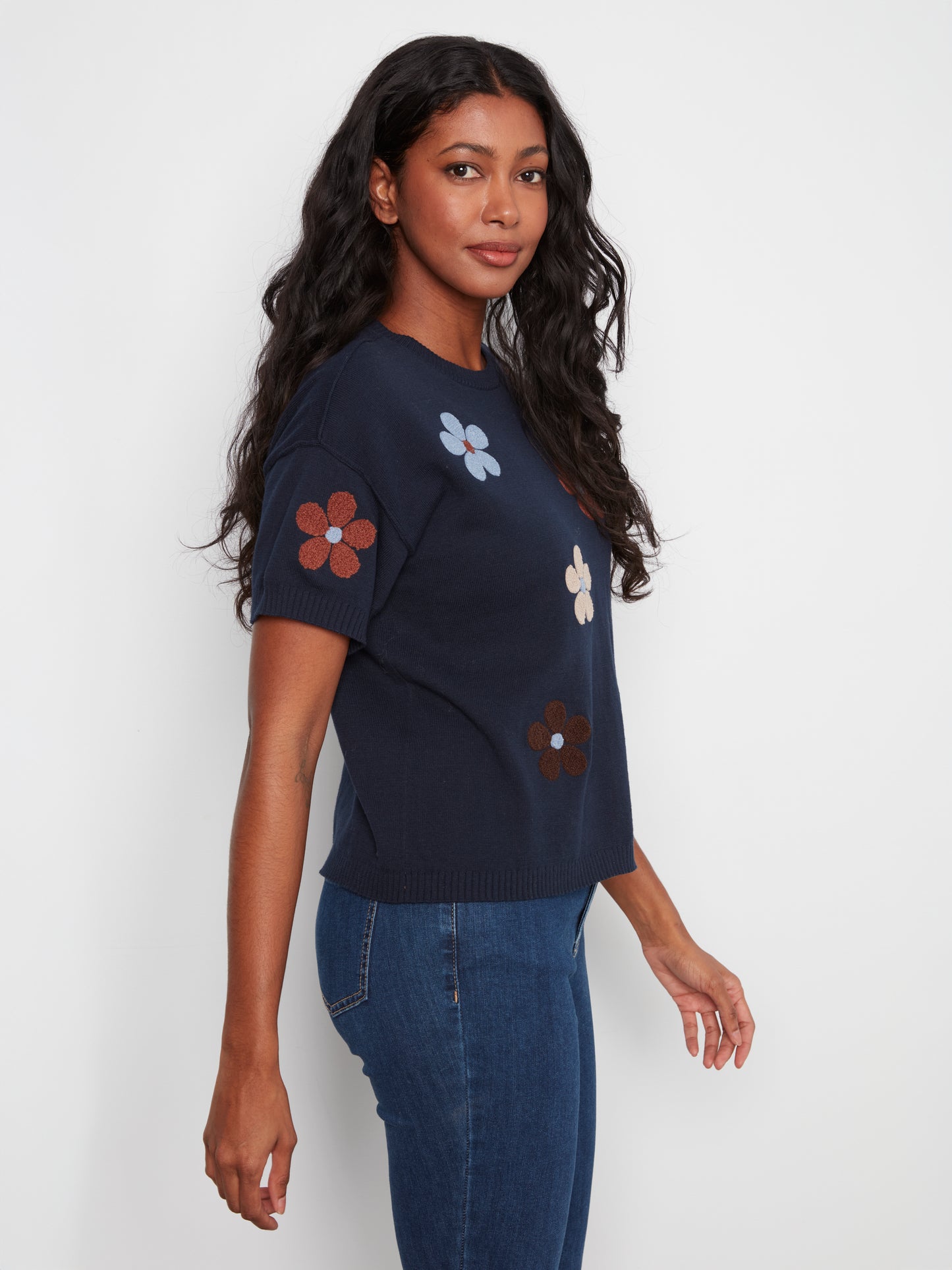 Charlie B Elbow Sleeve Embroidered Flowers Crew Neck Sweater Navy C2947E-261B-P117