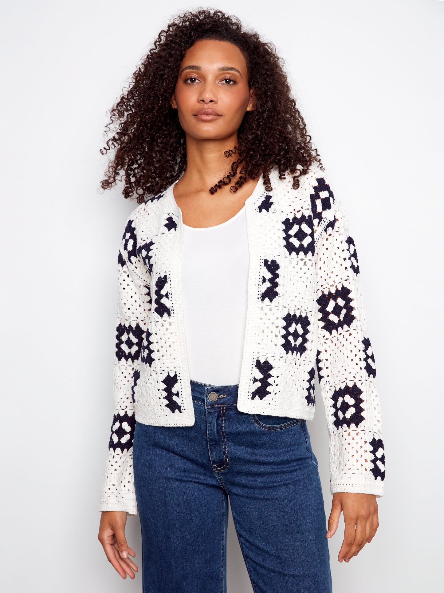Charlie B Square Crochet Cardigan White C2951-500C-P002