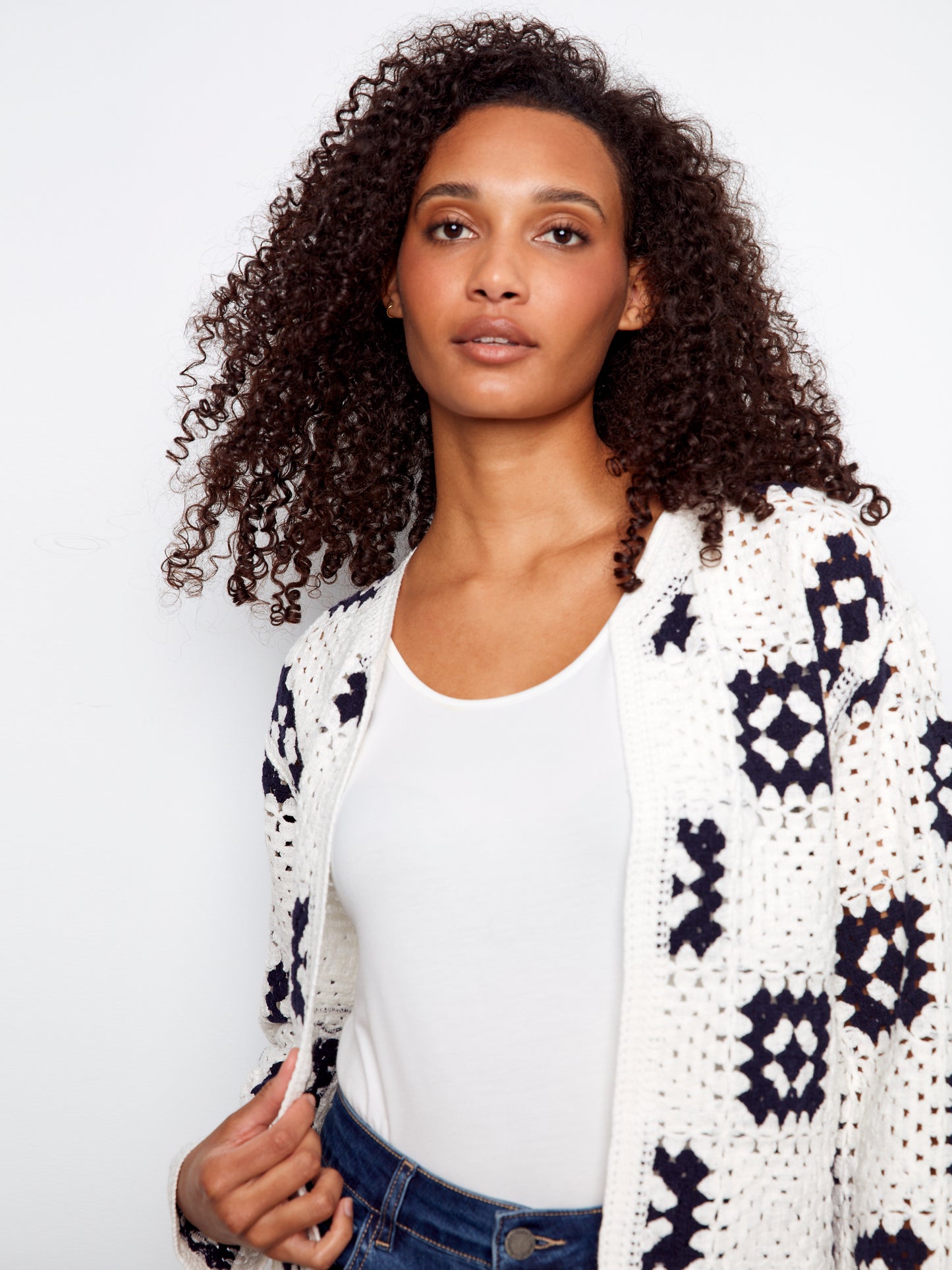 Charlie B Square Crochet Cardigan White C2951-500C-P002