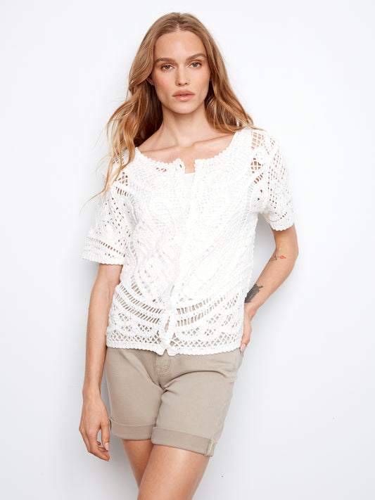 Charlie B Short Sleeve Crochet Sweater w/Placket & Button Back White C2965-544C-002