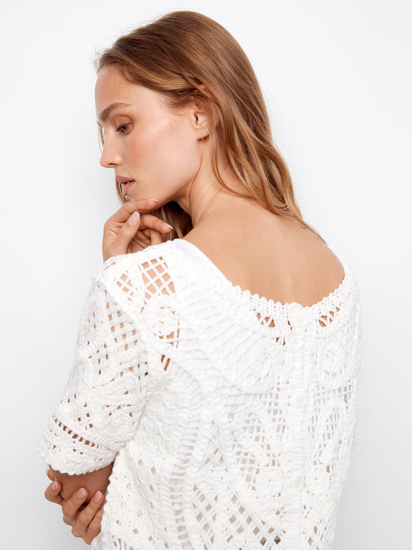 Charlie B Short Sleeve Crochet Sweater w/Placket & Button Back White C2965-544C-002