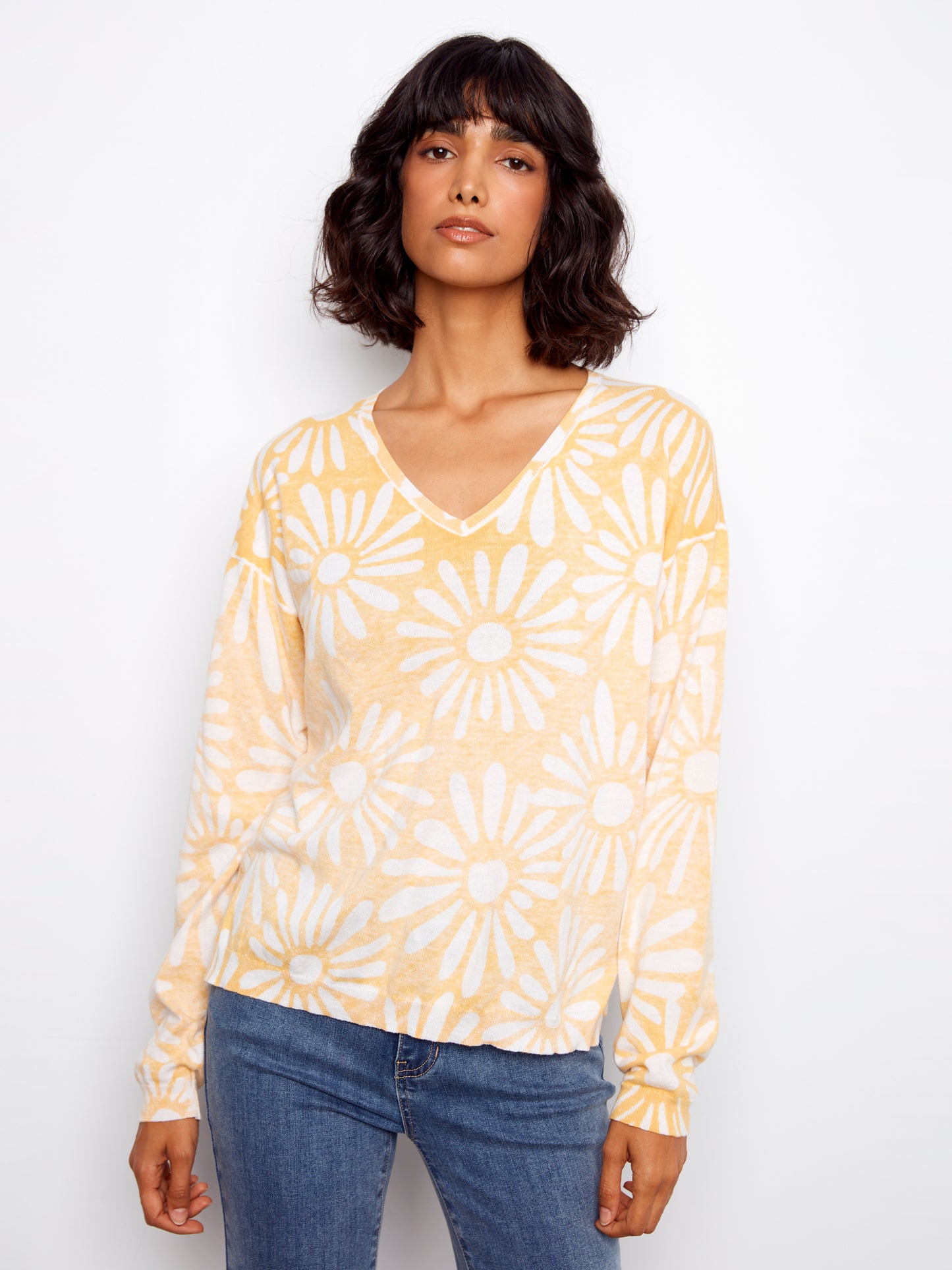 Charlie B Long Sleeve Reversible Printed V-Neck Sweater Sunkiss C2968-261B-P800