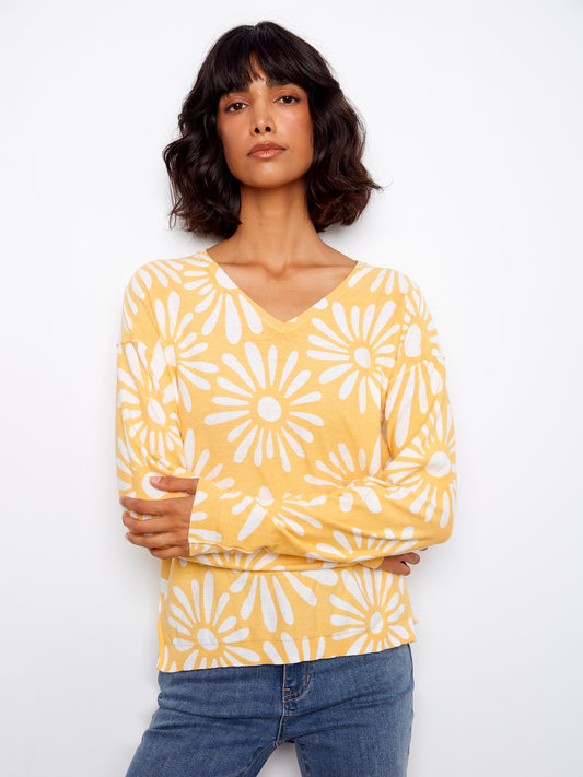 Charlie B Long Sleeve Reversible Printed V-Neck Sweater Sunkiss C2968-261B-P800