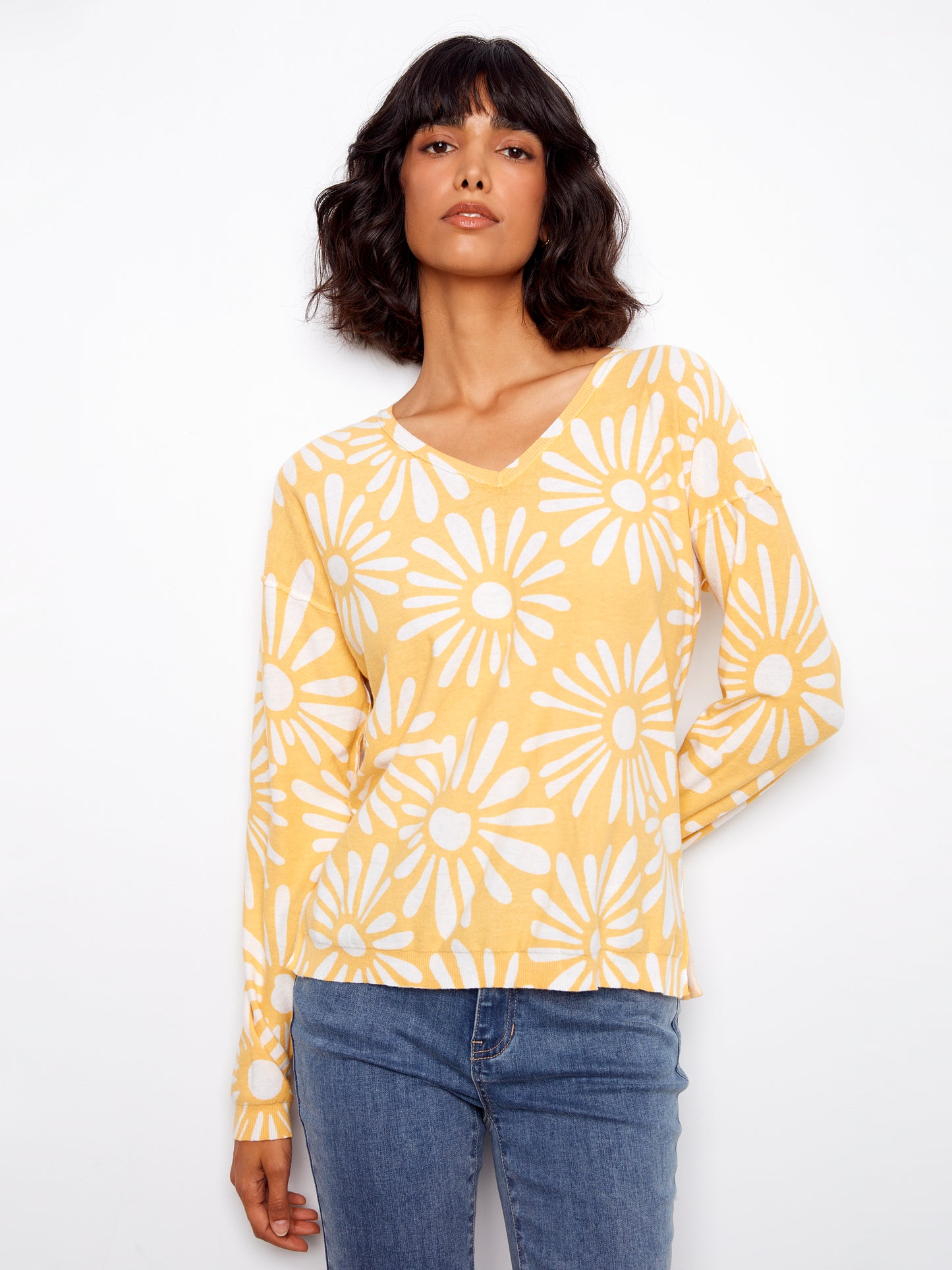 Charlie B Long Sleeve Reversible Printed V-Neck Sweater Sunkiss C2968-261B-P800